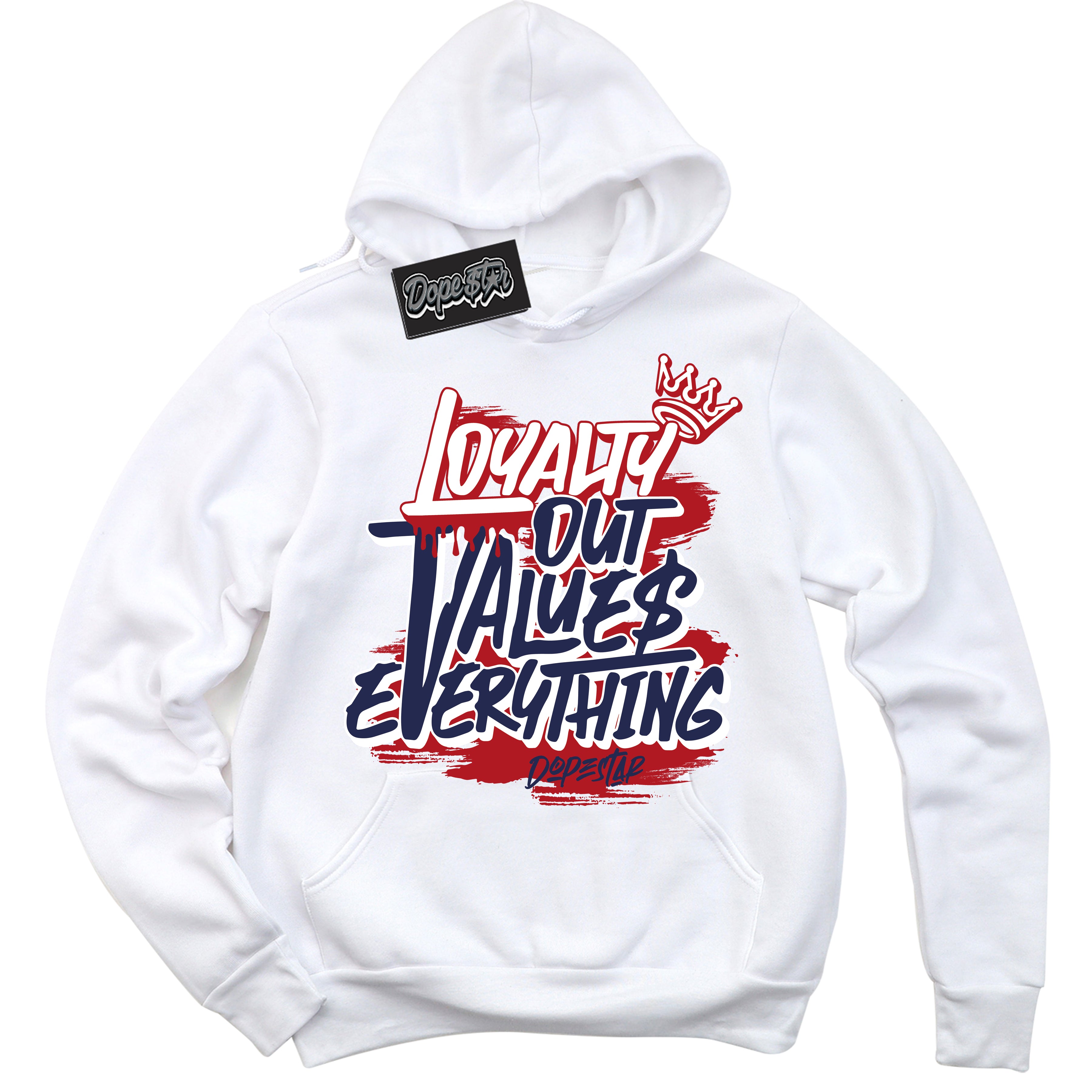 Cool White Hoodie with “ Loyalty Out Values Everything ”  design that Perfectly Matches Golf USA 1s Sneakers.