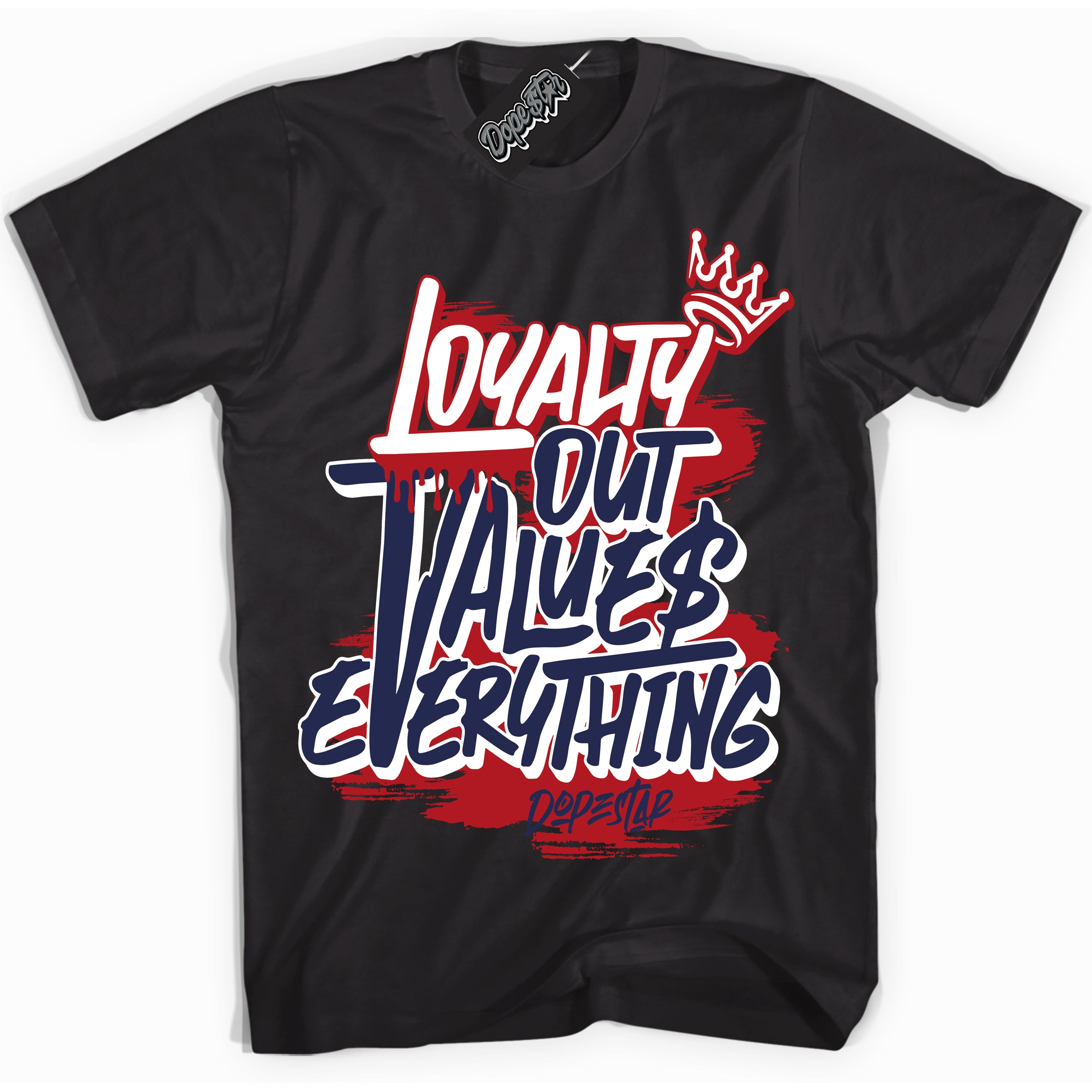 Cool Black Shirt with “ Loyalty Out Values Everything” design that perfectly matches Golf USA 1s Sneakers.