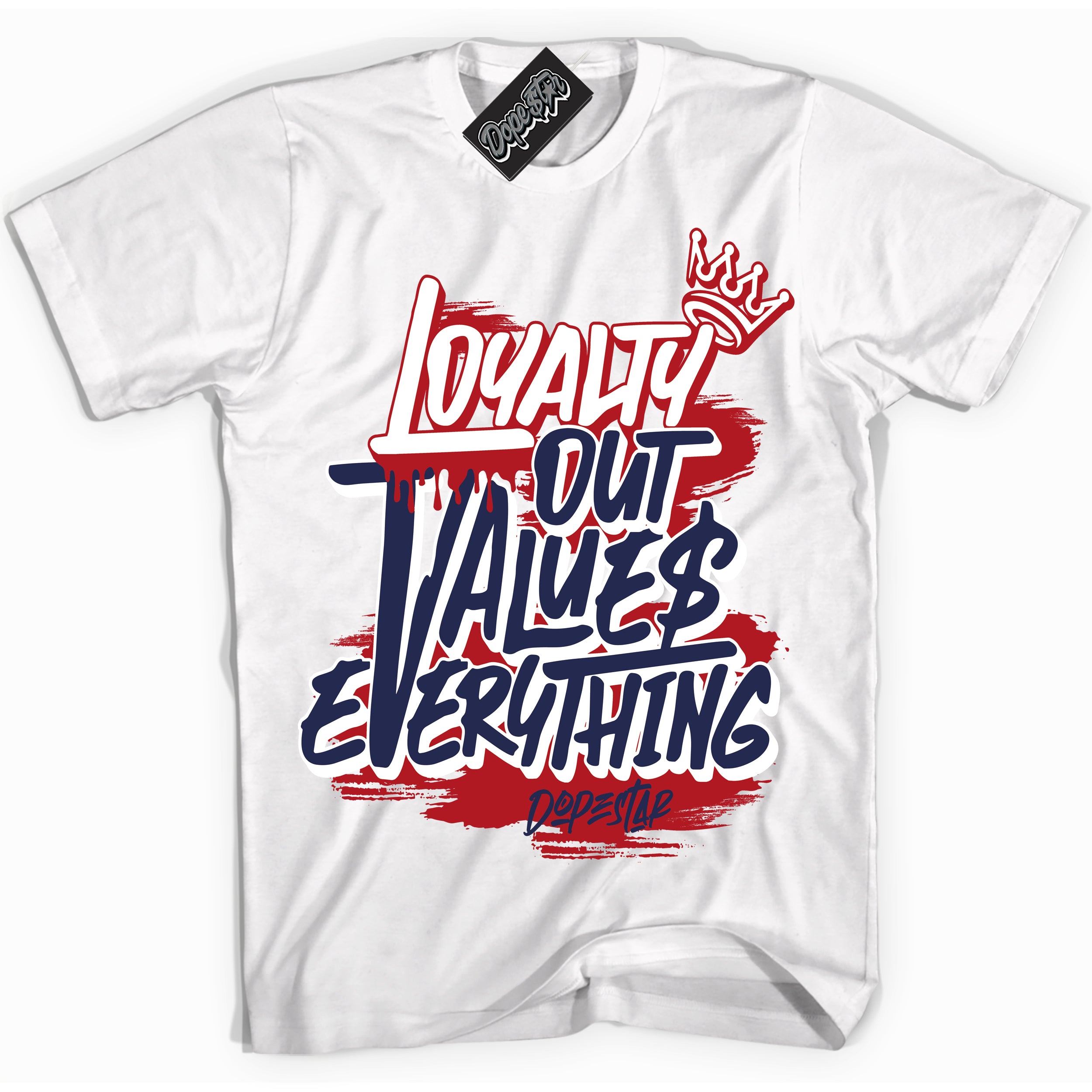 Cool White Shirt with “ Loyalty Out Values Everything” design that perfectly matches Golf USA 1s Sneakers.