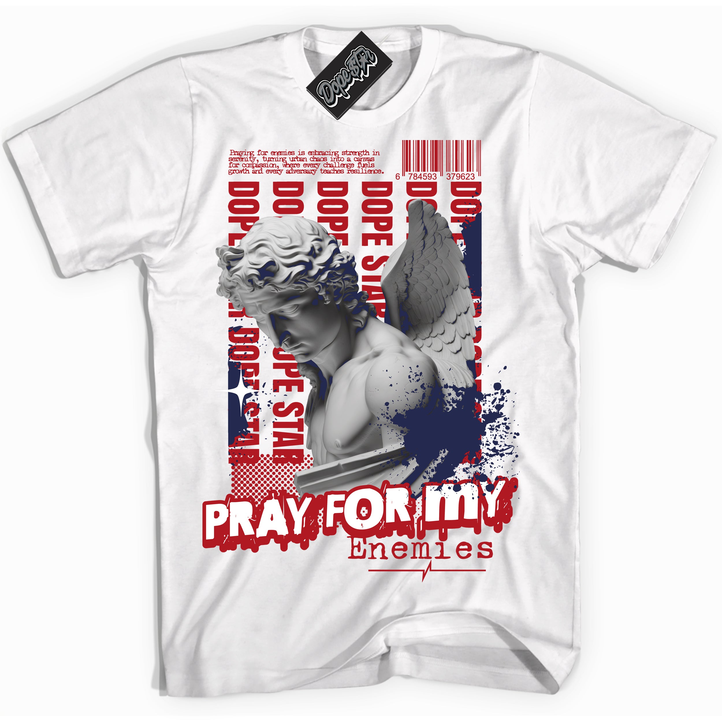 Cool White Shirt with “ Pray Enemies” design that perfectly matches Golf USA 1s Sneakers.