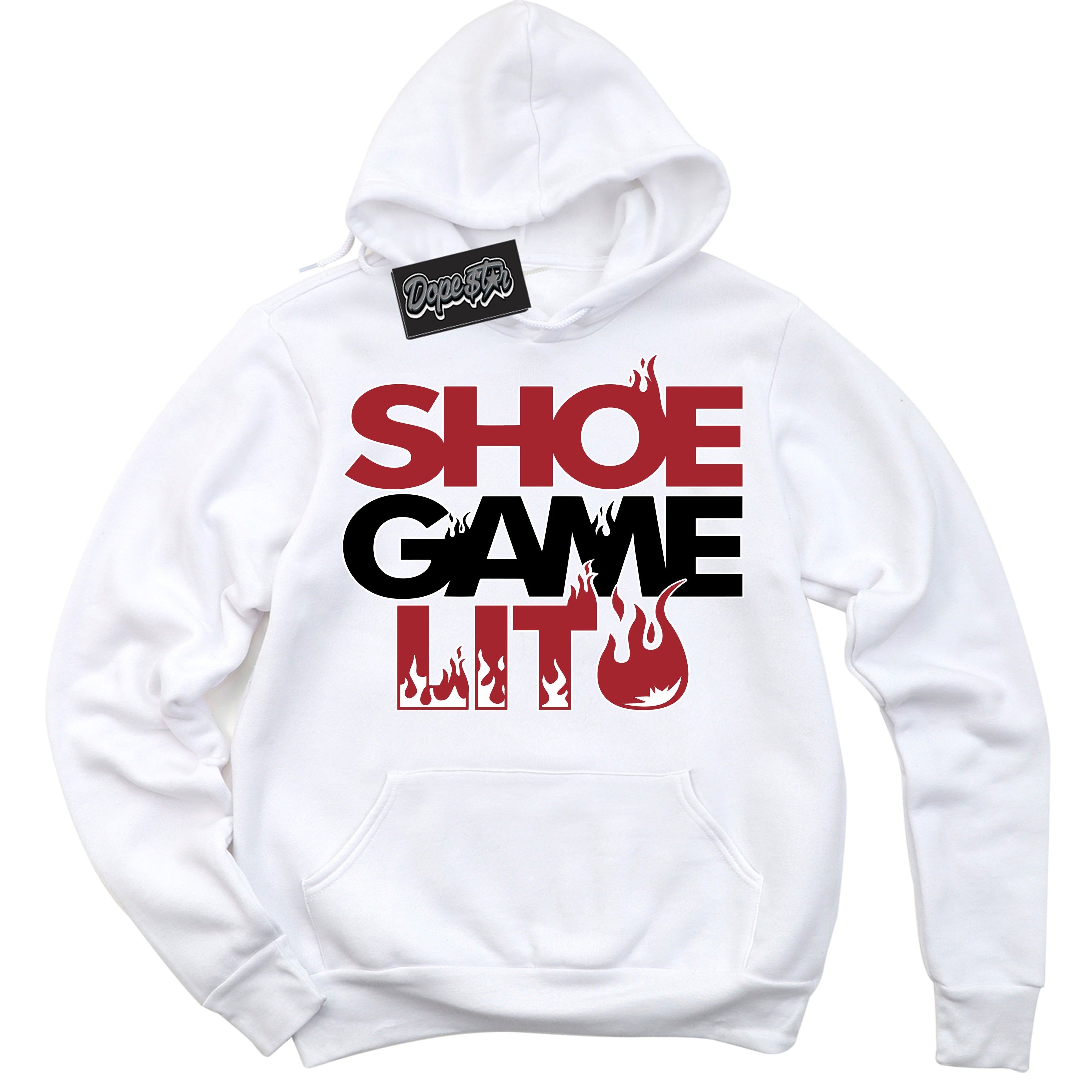 Cool White Hoodie with “ Shoe Game Lit '' design that Perfectly Matches  Black Toe 1s Sneakers.