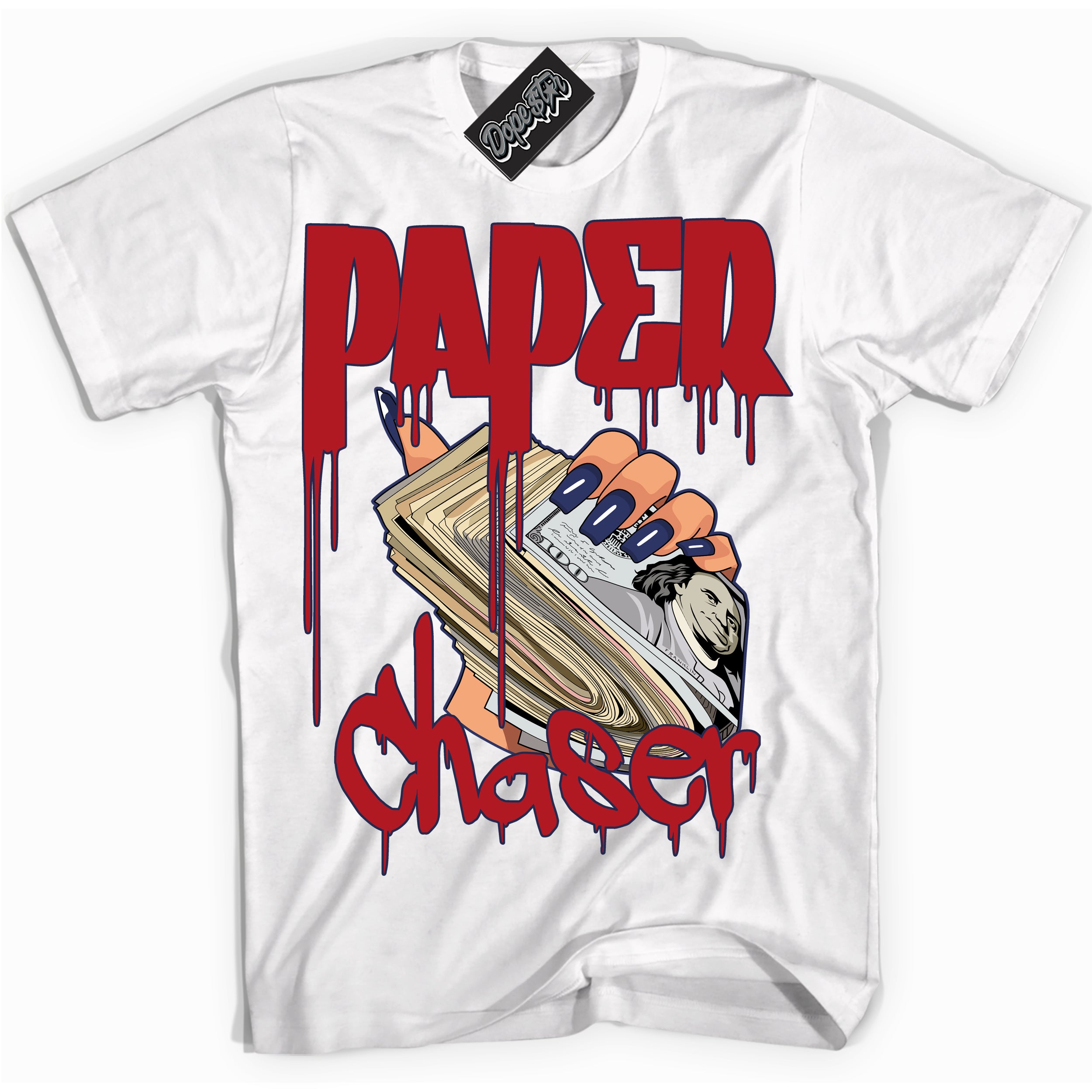 Cool White Shirt with “Paper Chaser” design that perfectly matches the Howard University 1s Jordans.