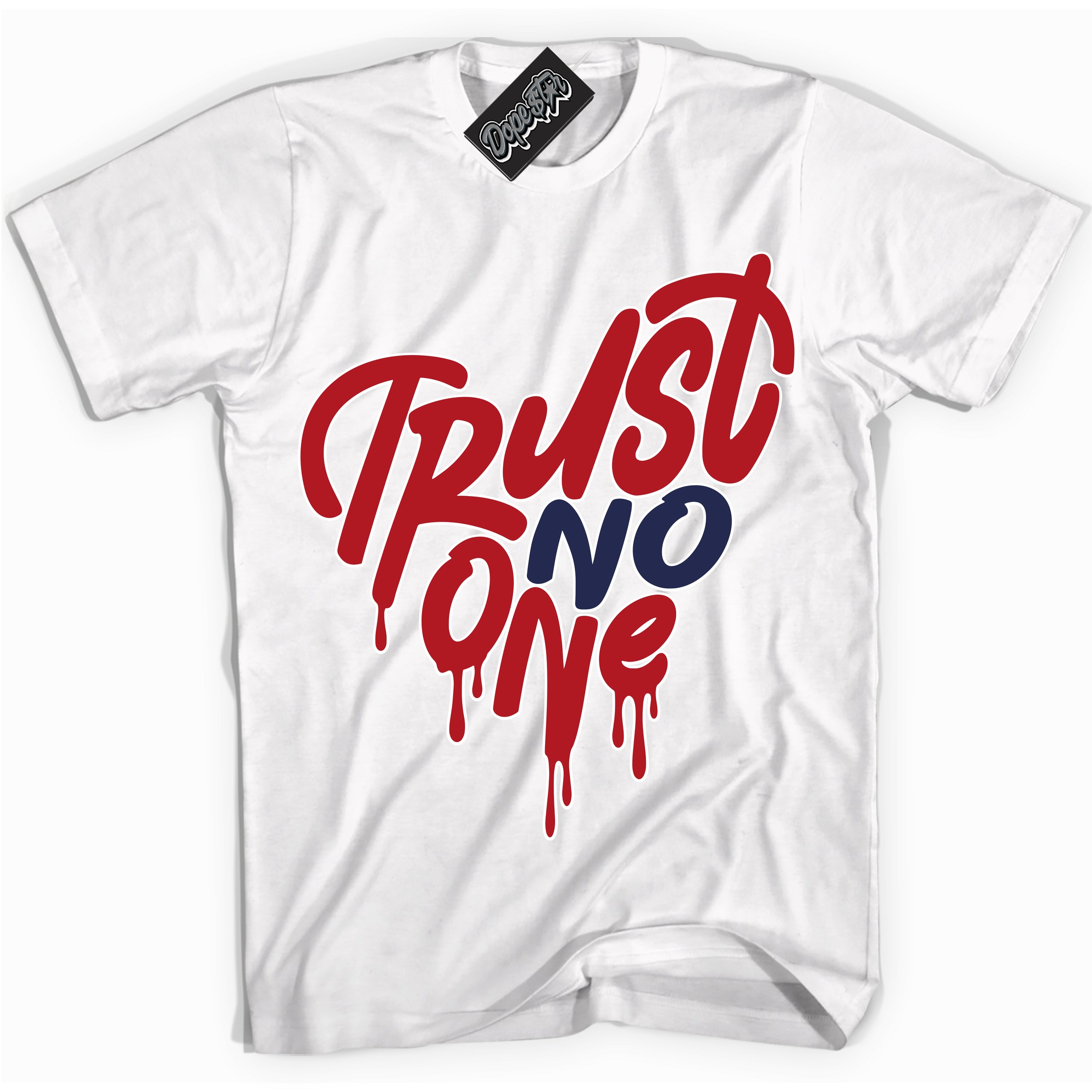 Cool White Shirt with “Trust No One Heart” design that perfectly matches the Howard University 1s Jordans.