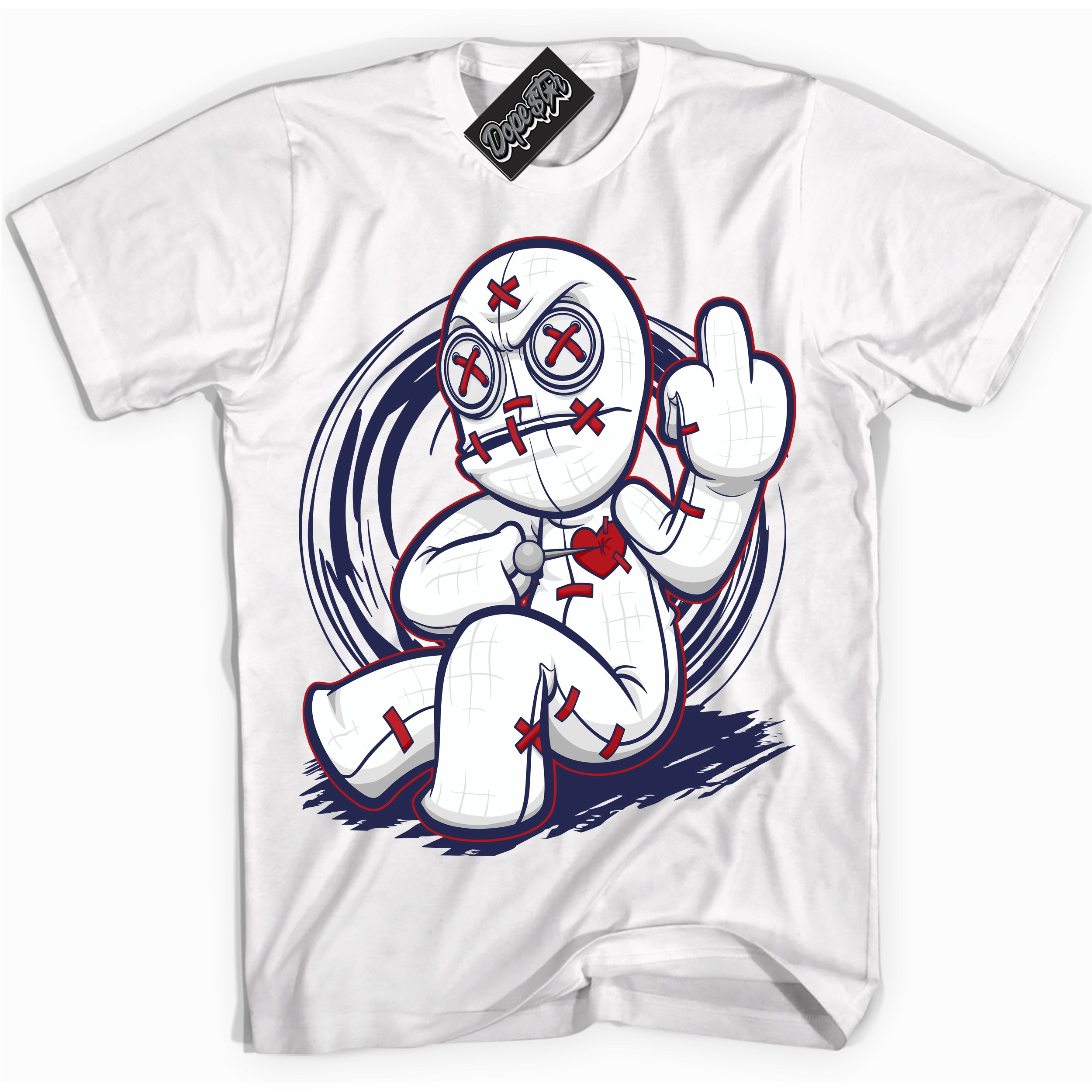 Cool White Shirt with “Voodoo Doll” design that perfectly matches the Howard University 1s Jordans.