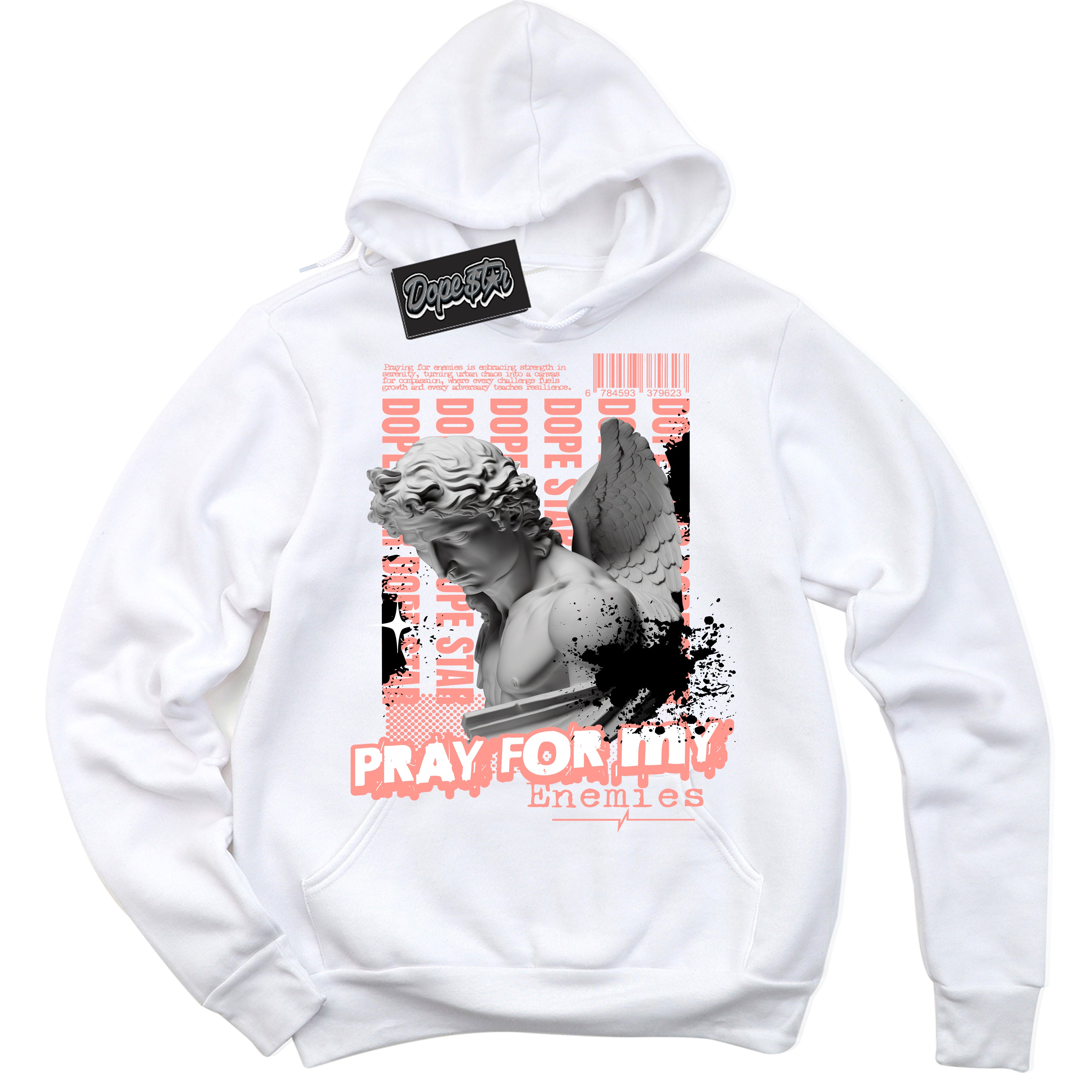 Cool White Hoodie with “Pray Enemies” design that Perfectly Matches Paris Saint-Germain 1s Jordans.