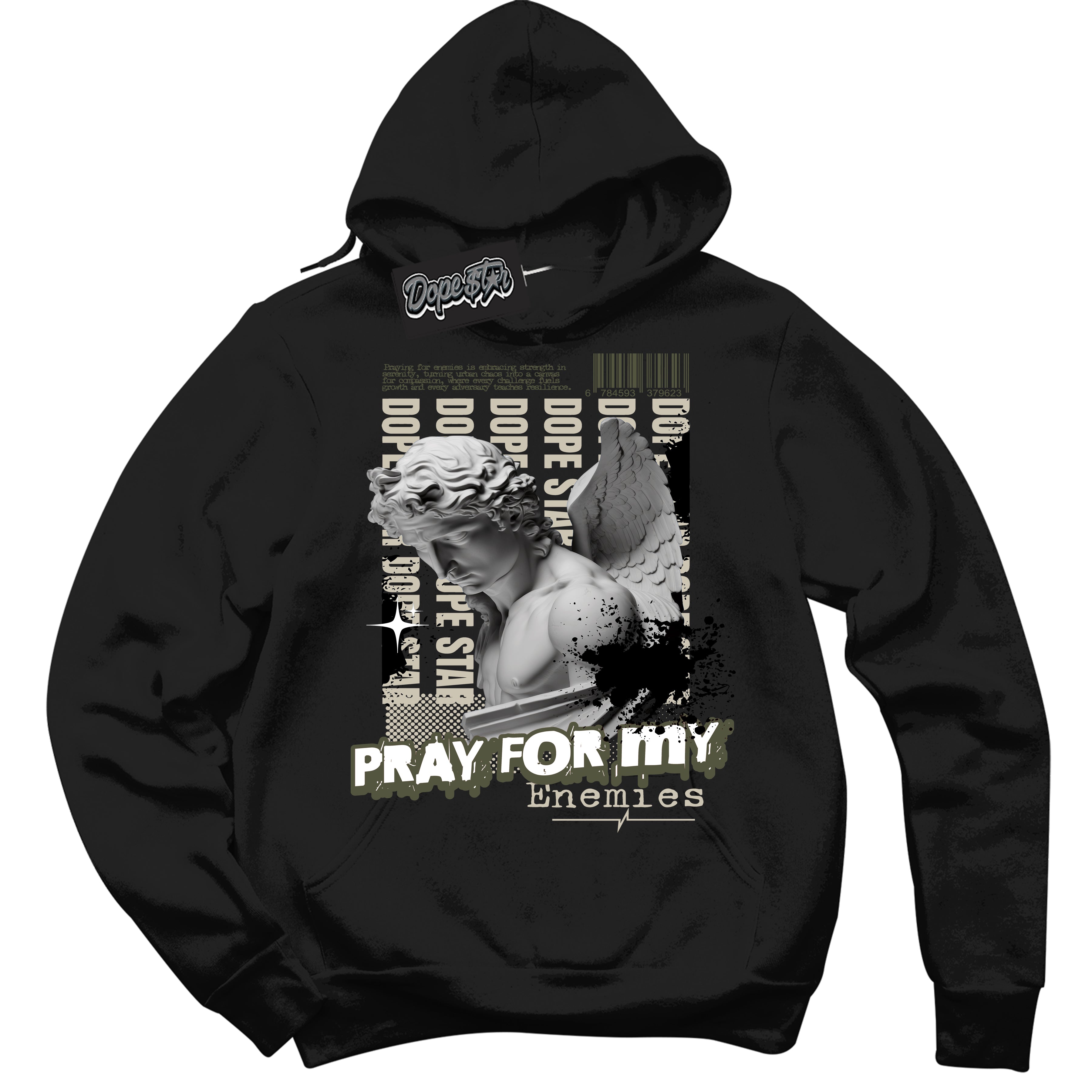 Cool Black Hoodie with “ Pray Enemies ”  design that Perfectly Matches Travis Scott Olive 1s Sneakers.