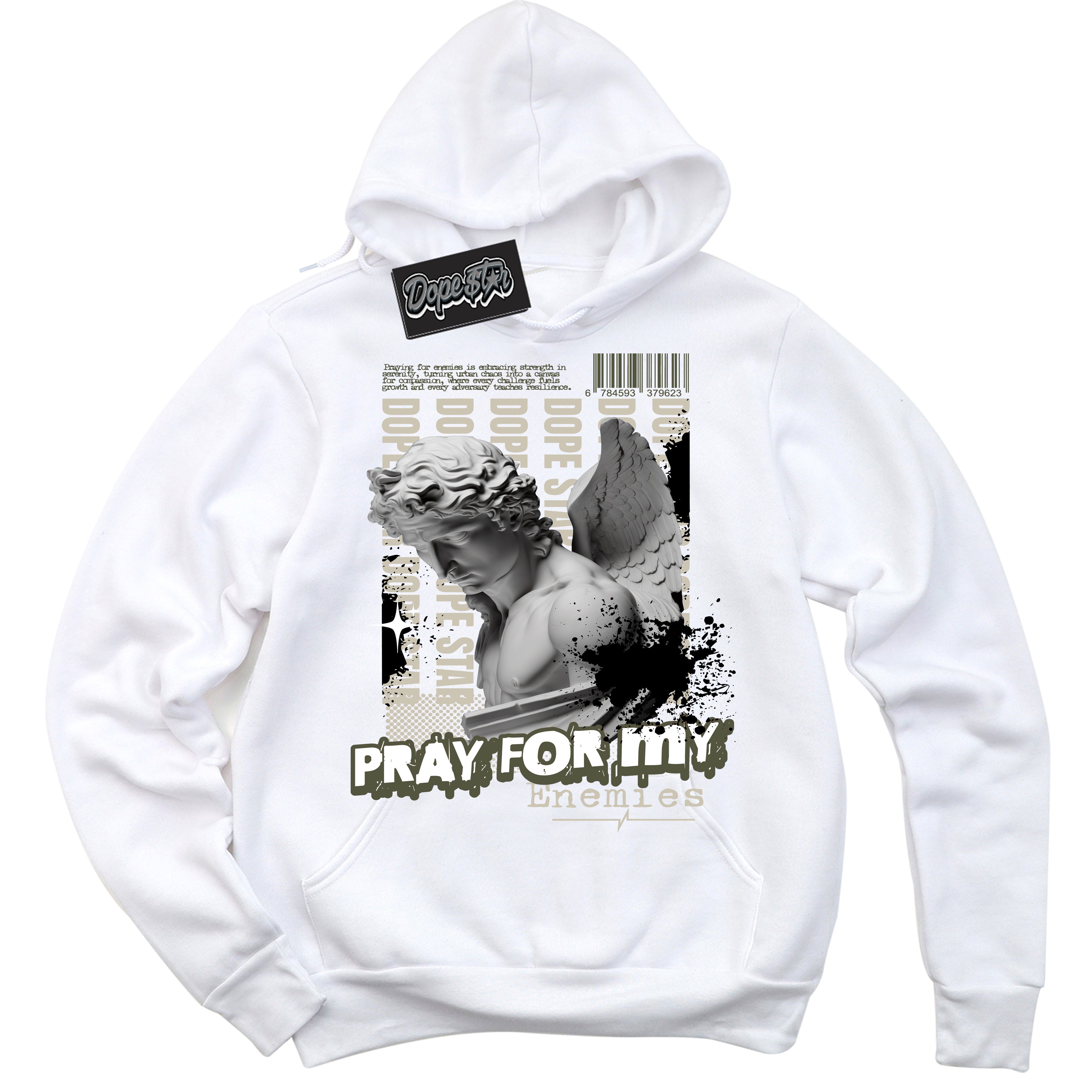 Cool White Hoodie with “ Pray Enemies ”  design that Perfectly Matches Travis Scott Olive 1s Sneakers.