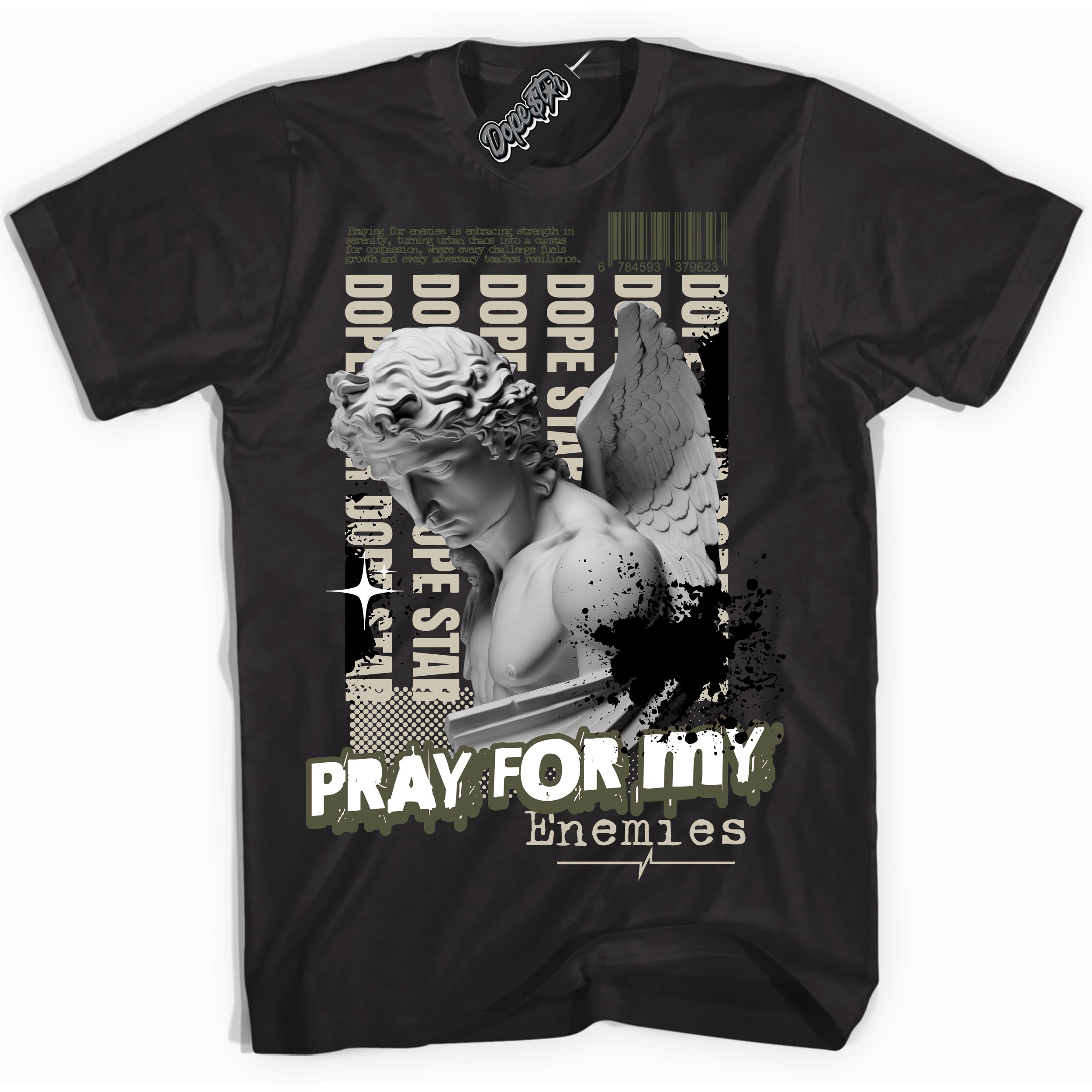 Cool Black Shirt with “ Pray Enemies” design that perfectly matches Travis Scott Olive 1s Sneakers.