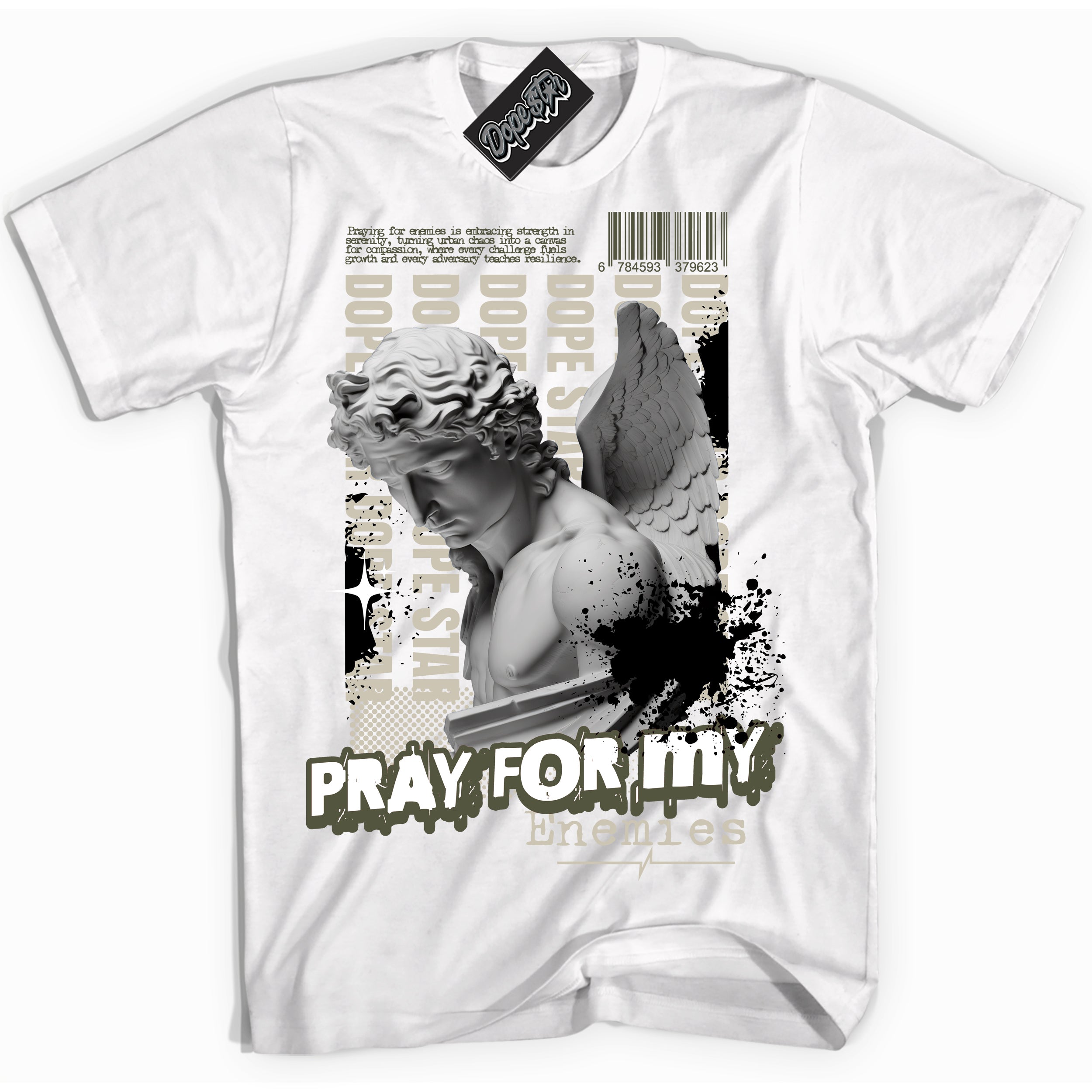 Cool White Shirt with “ Pray Enemies” design that perfectly matches Travis Scott Olive 1s Sneakers.