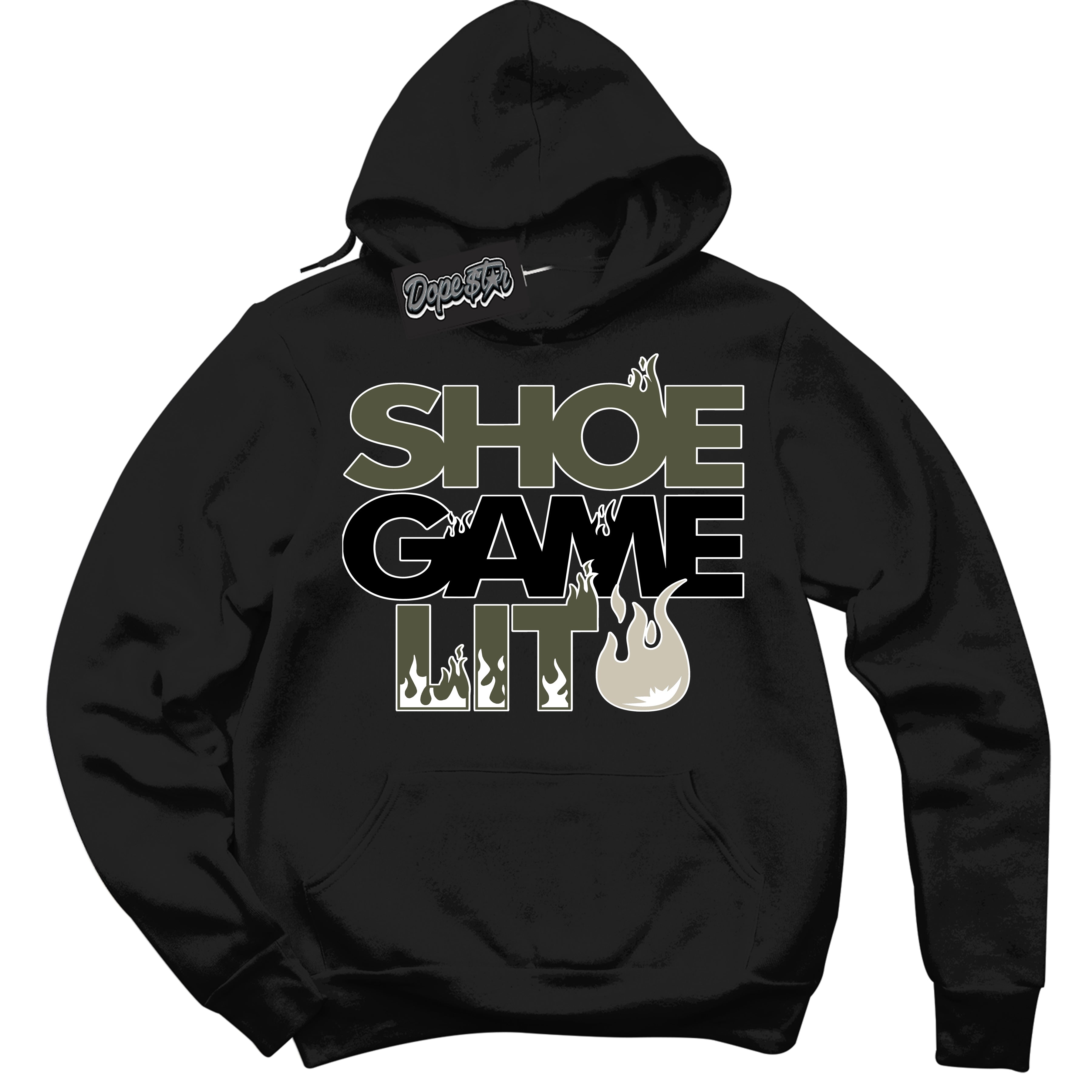 Cool Black Hoodie with “ Shoe Game Lit '' design that Perfectly Matches  Olive 1s Sneakers.