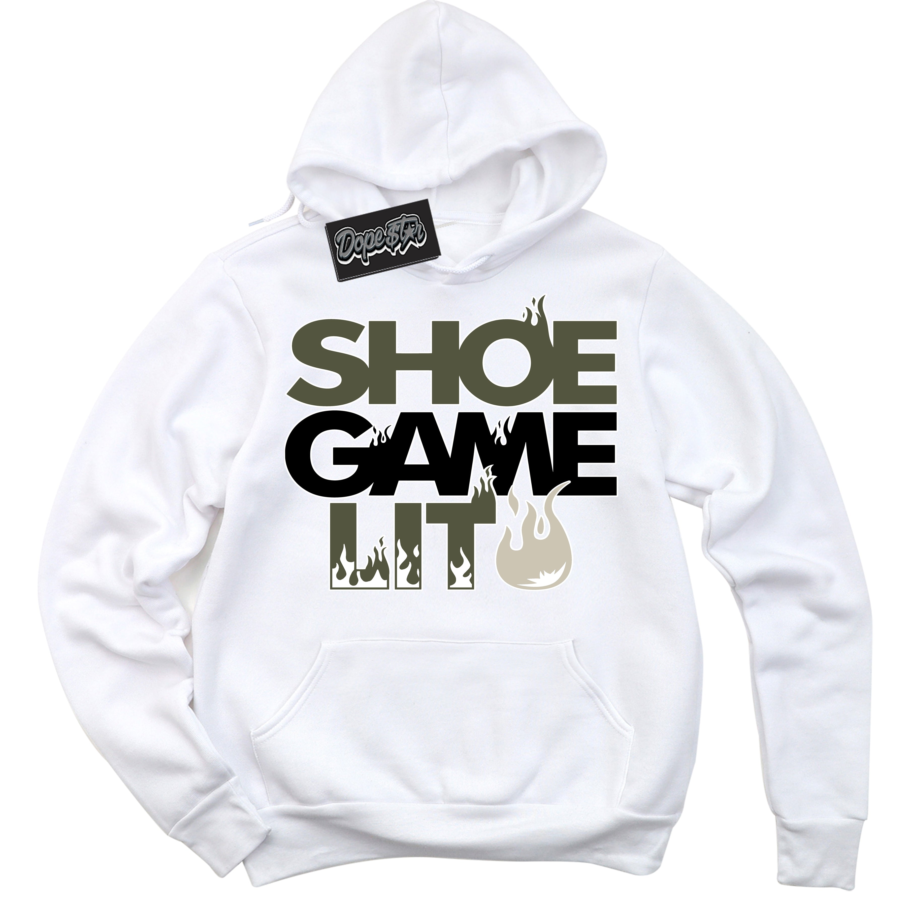 Cool White Hoodie with “ Shoe Game Lit '' design that Perfectly Matches  Olive 1s Sneakers.