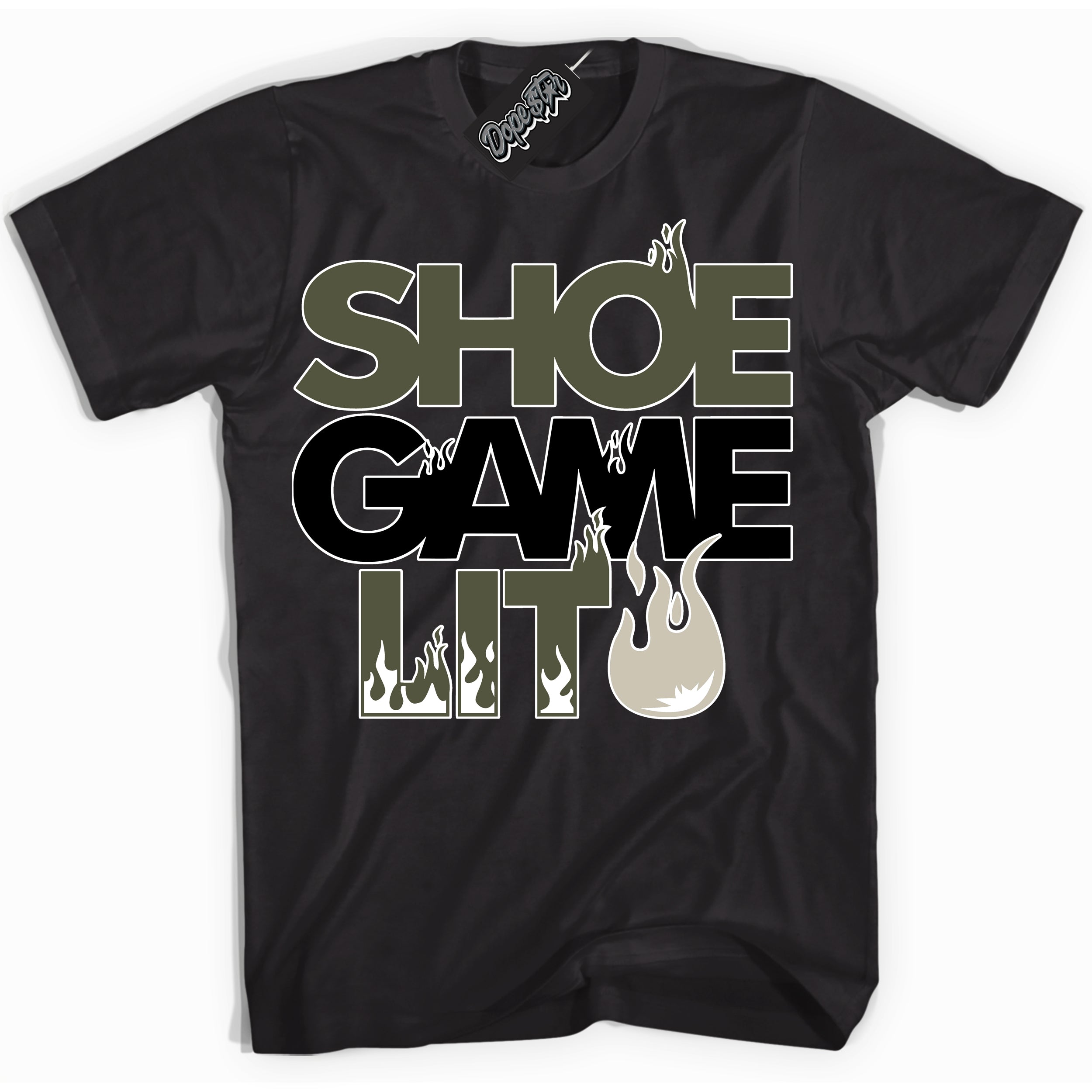 Cool Black Shirt with “ Shoe Game Lit ” design that perfectly matches Olive 1s Sneakers.