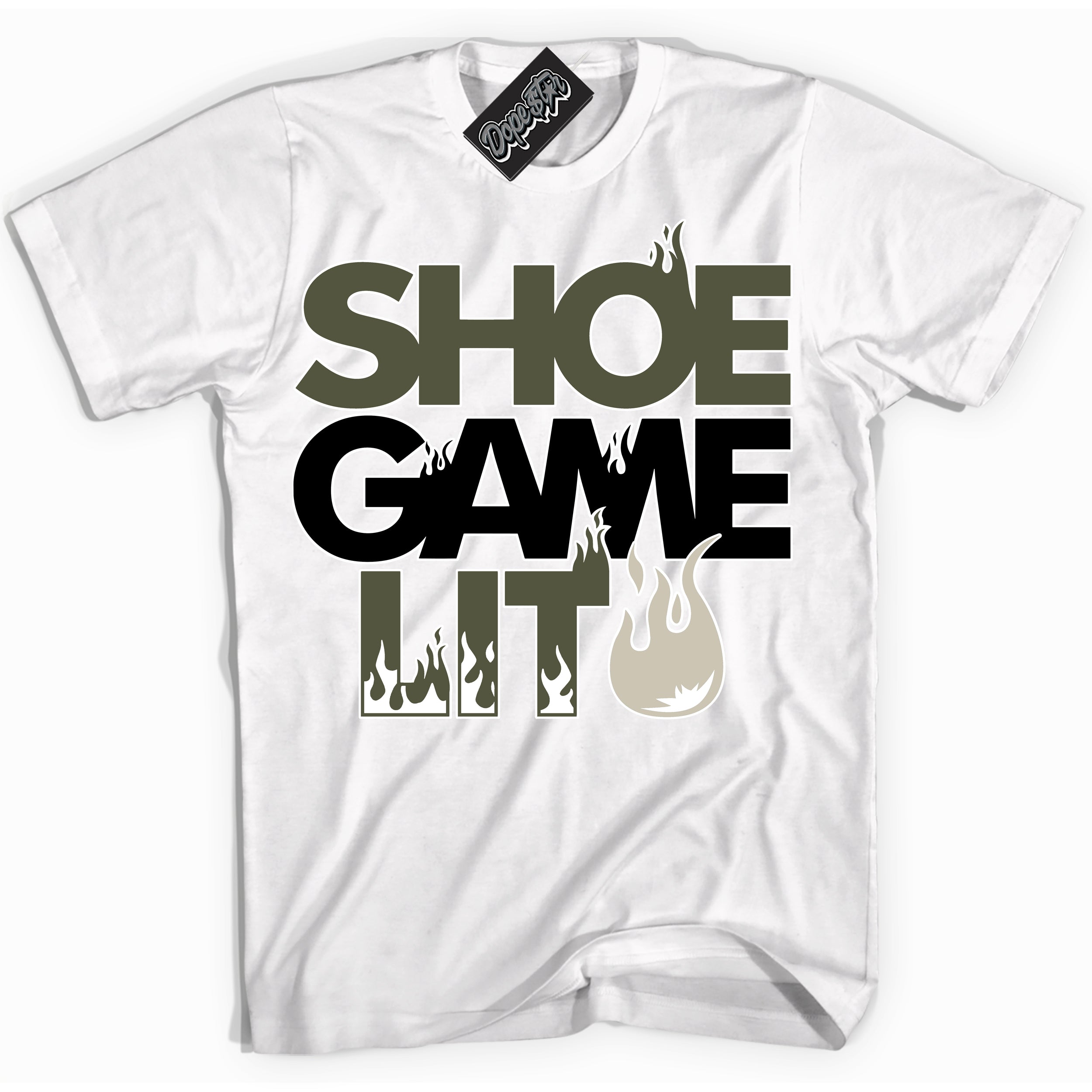 Cool White Shirt with “ Shoe Game Lit ” design that perfectly matches Olive 1s Sneakers.