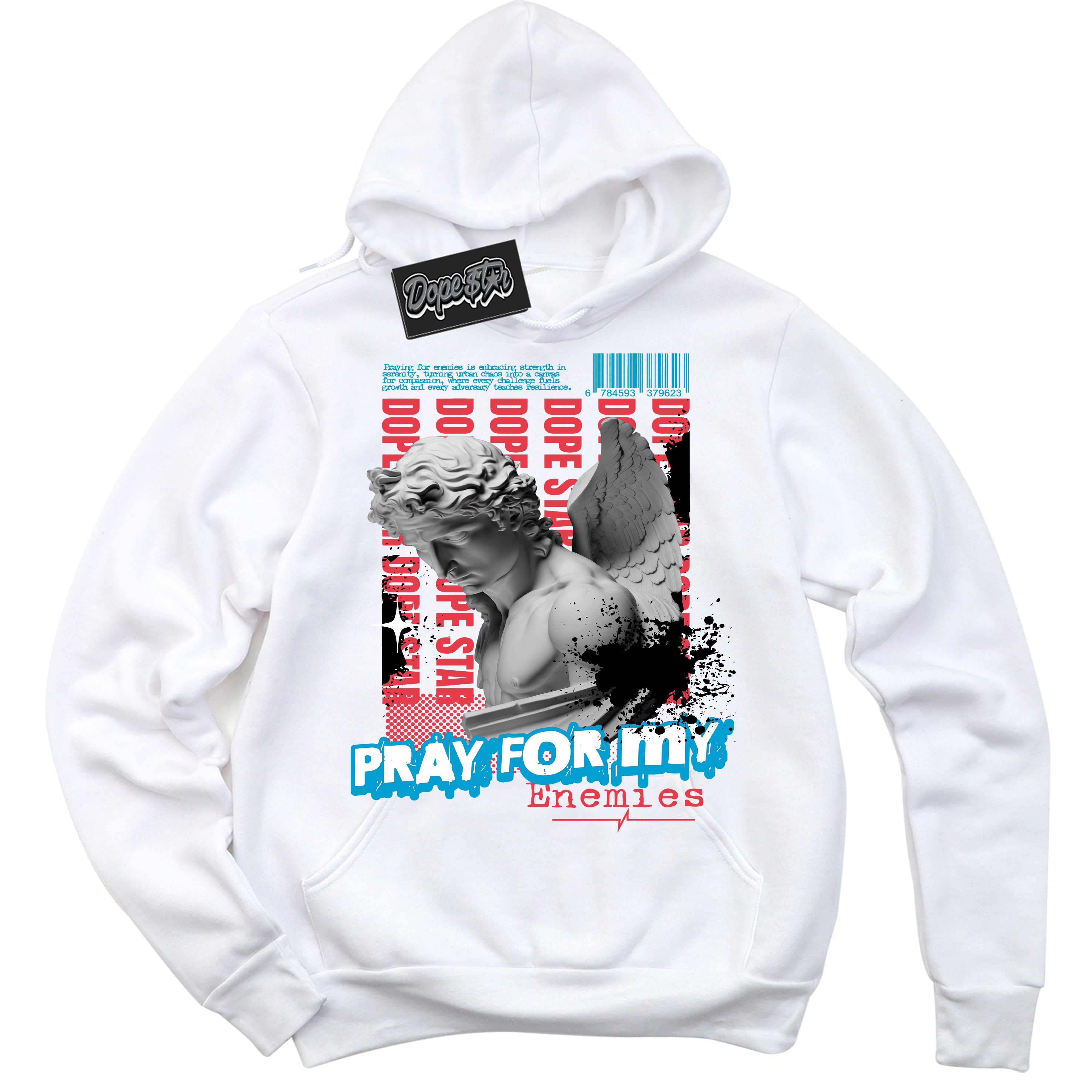 Cool White Hoodie with “ Pray Enemies ”  design that Perfectly Matches UNC To Chicago 1s Sneakers.