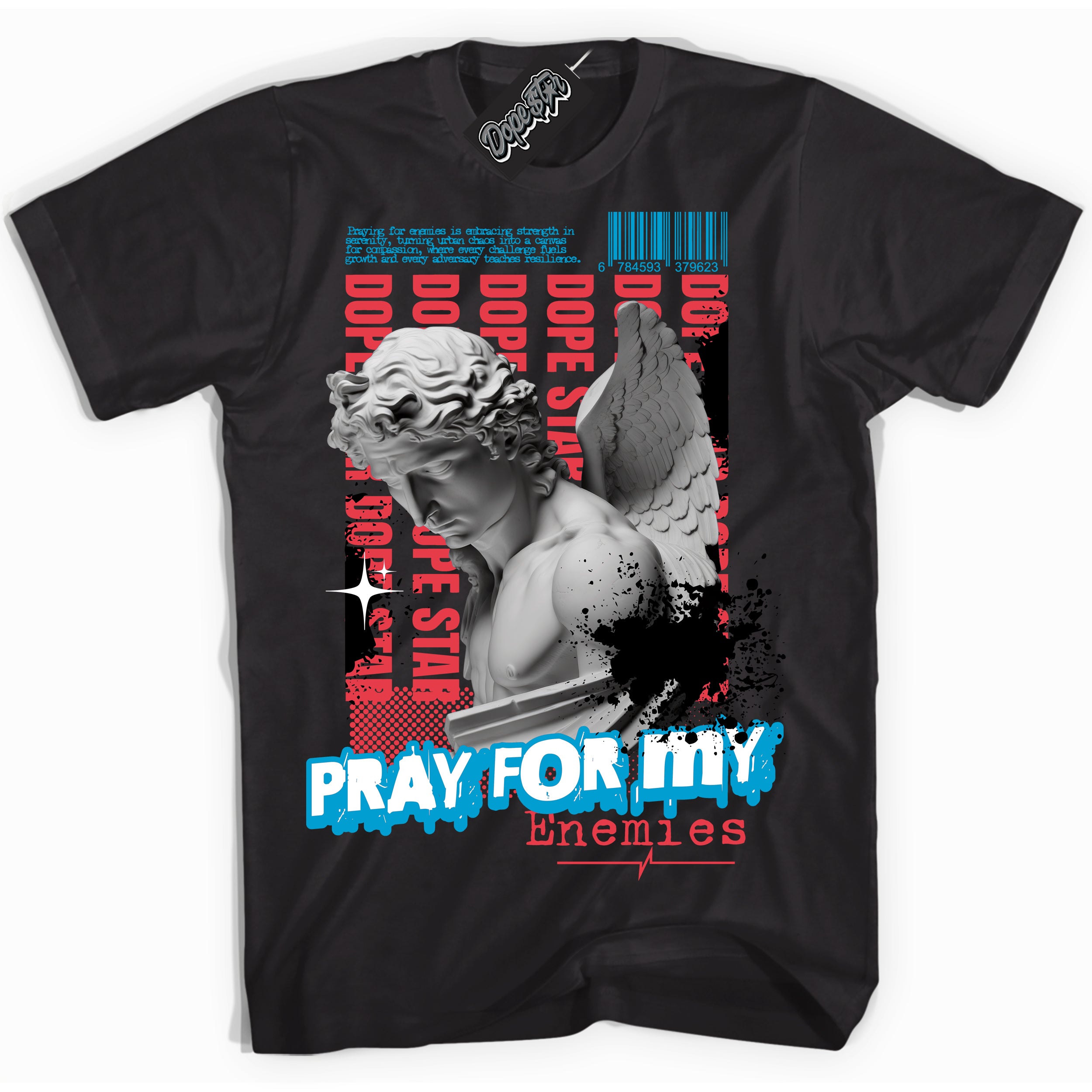 Cool Black Shirt with “ Pray Enemies” design that perfectly matches UNC To Chicago 1s Sneakers.