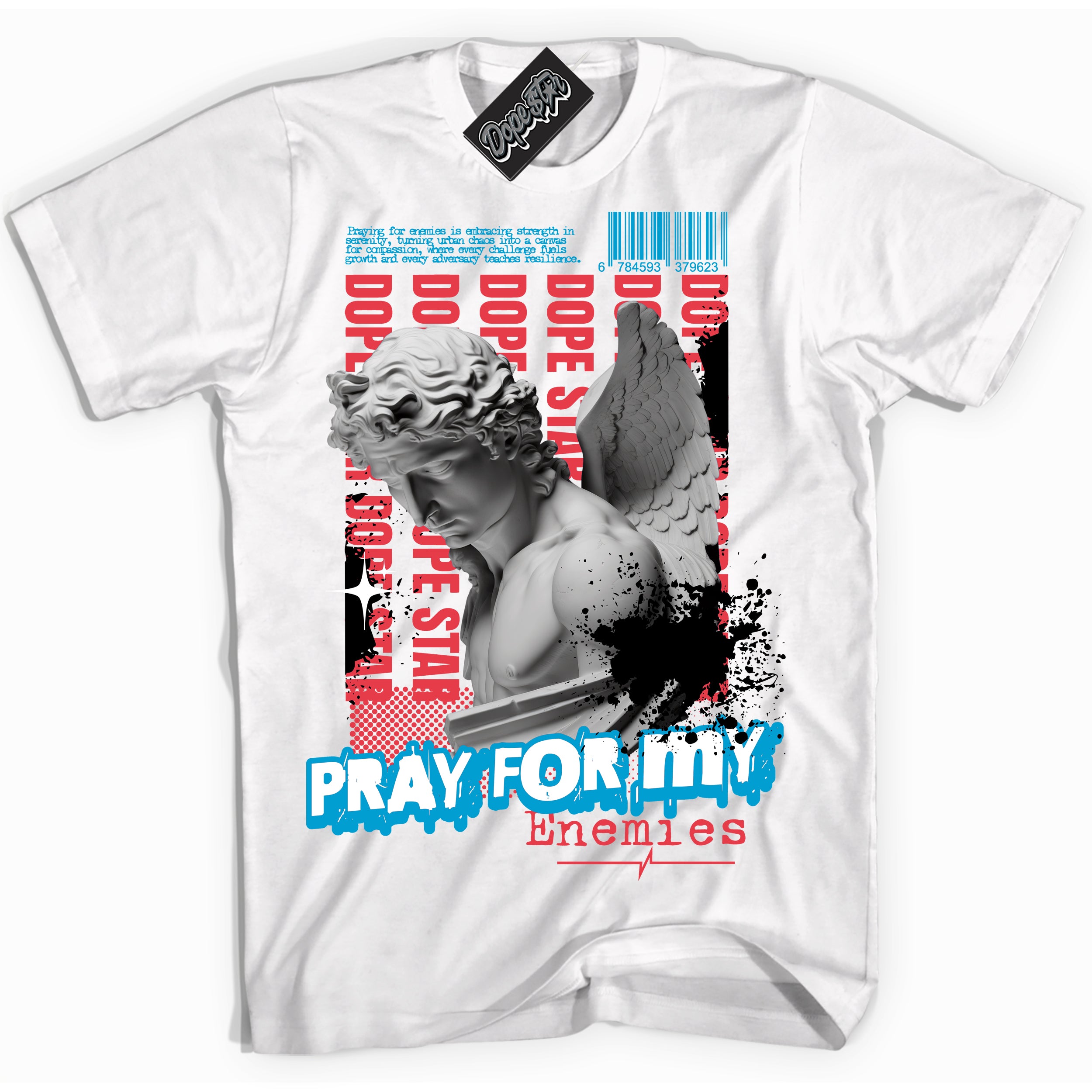 Cool White Shirt with “ Pray Enemies” design that perfectly matches UNC To Chicago 1s Sneakers.