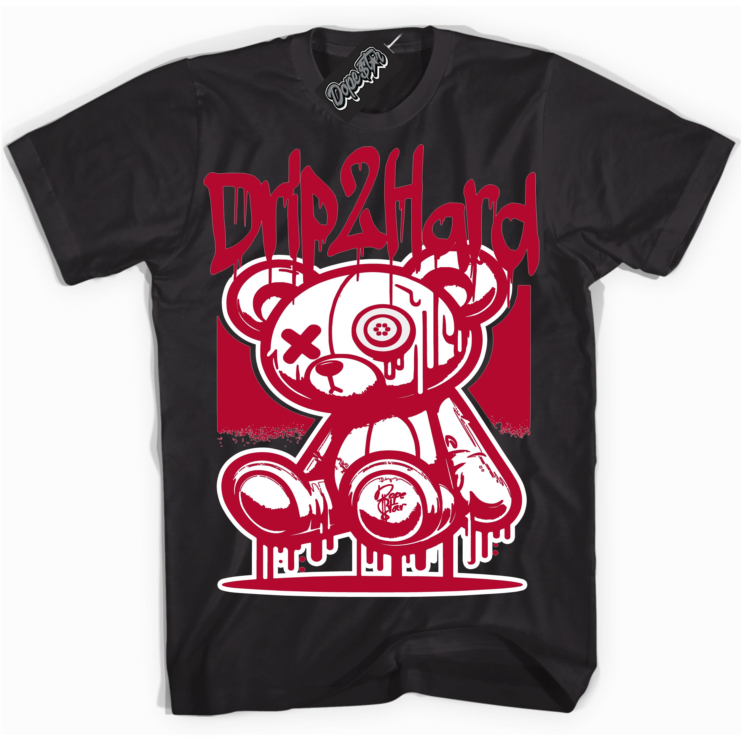 Cool Black graphic tee with “ Drip 2 Hard ” design, that perfectly matches University Red 1s