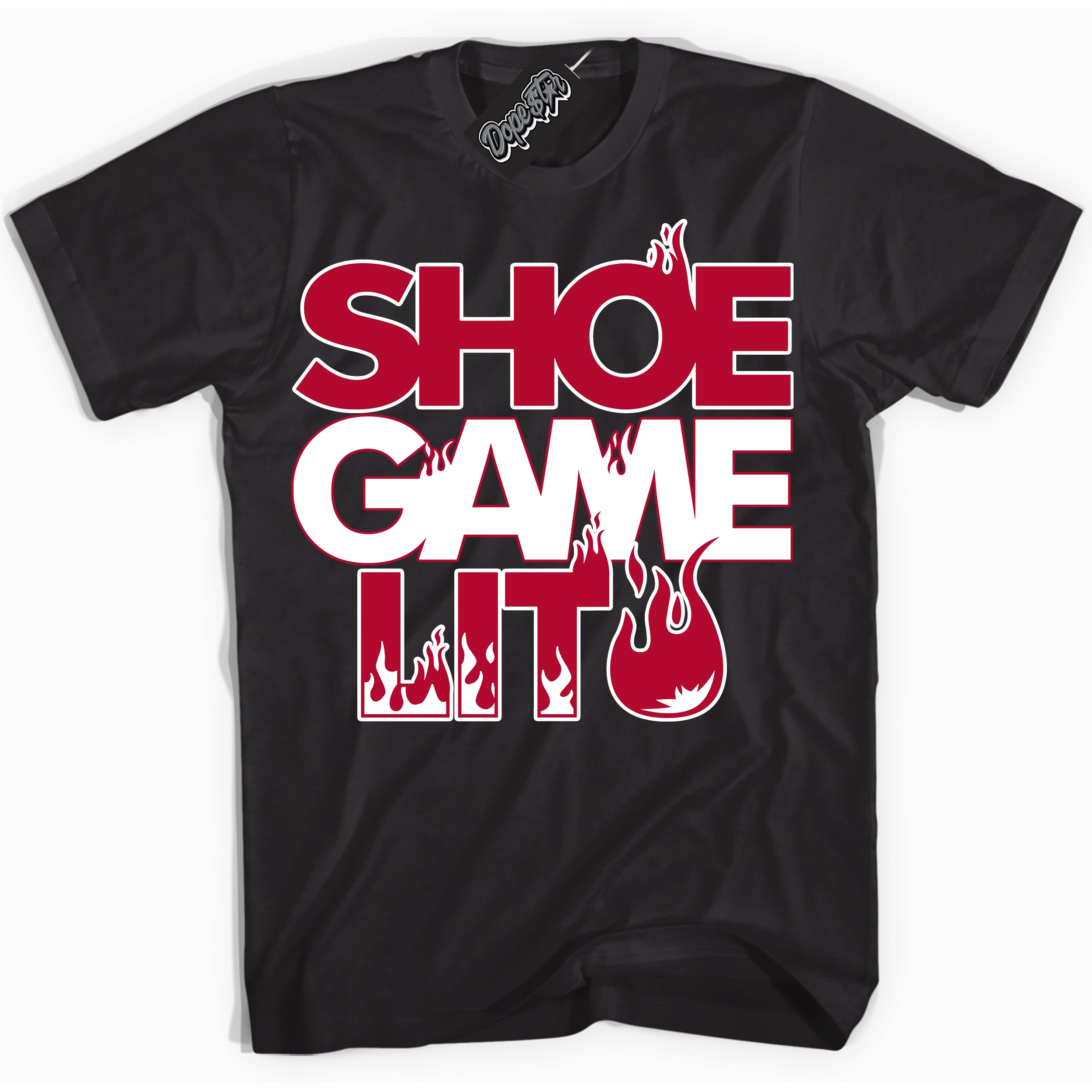 Cool Black Shirt with “ Shoe Game Lit ” design that perfectly matches University Red 1s Sneakers.