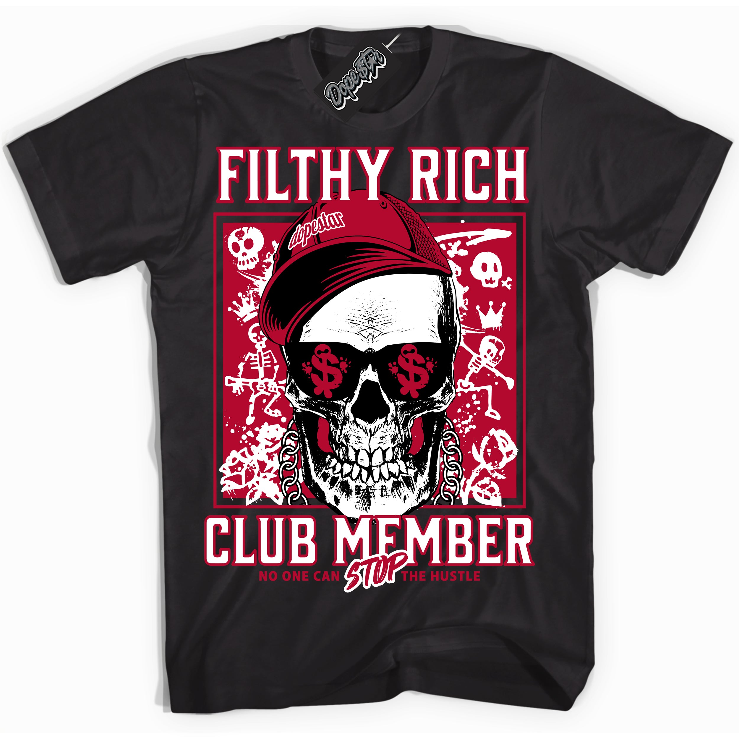 Cool Black Shirt with “ Filthy Rich” design that perfectly matches University Red 1s Sneakers.