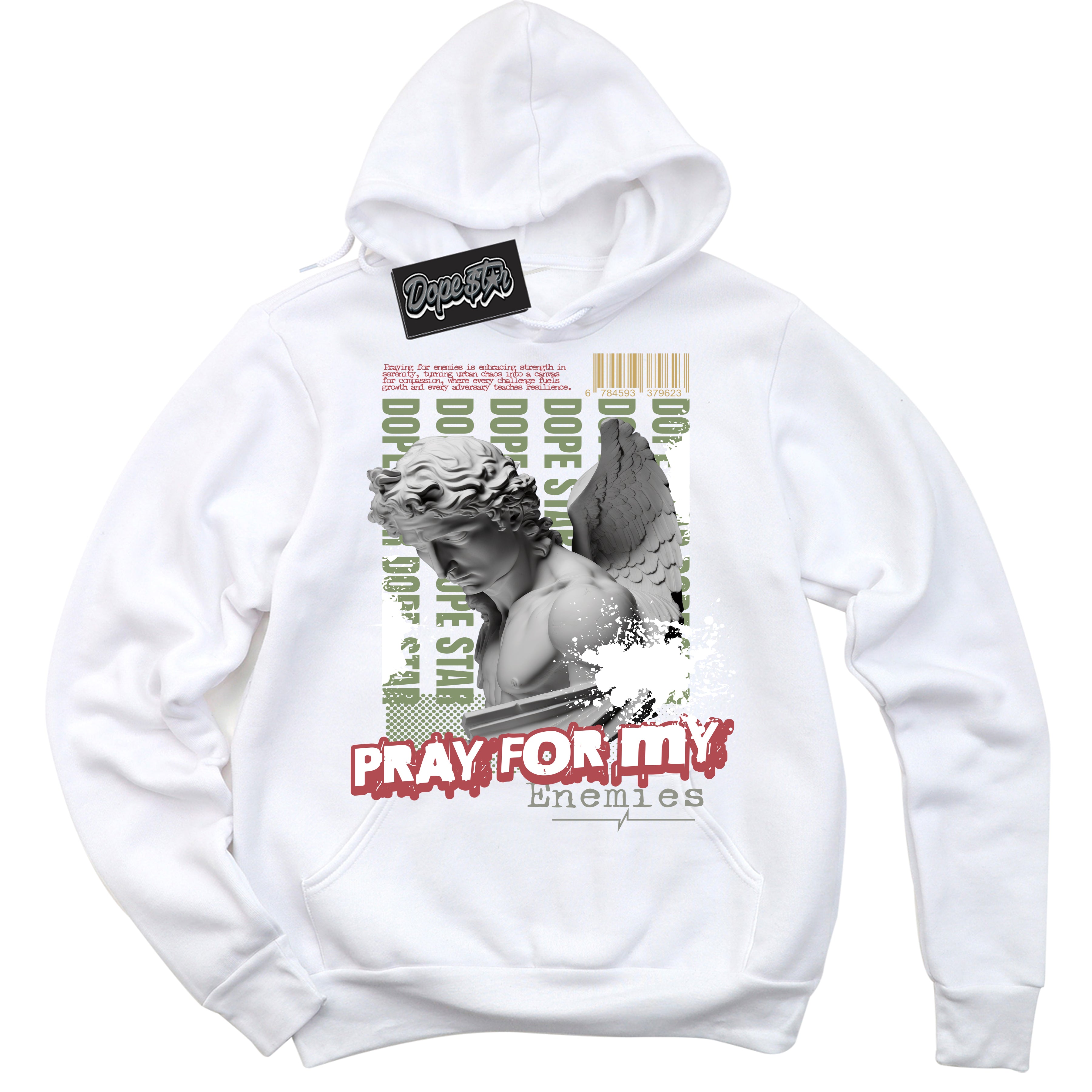 Cool White Hoodie with “ Pray Enemies ”  design that Perfectly Matches Year Of The Dragon 1s Sneakers.