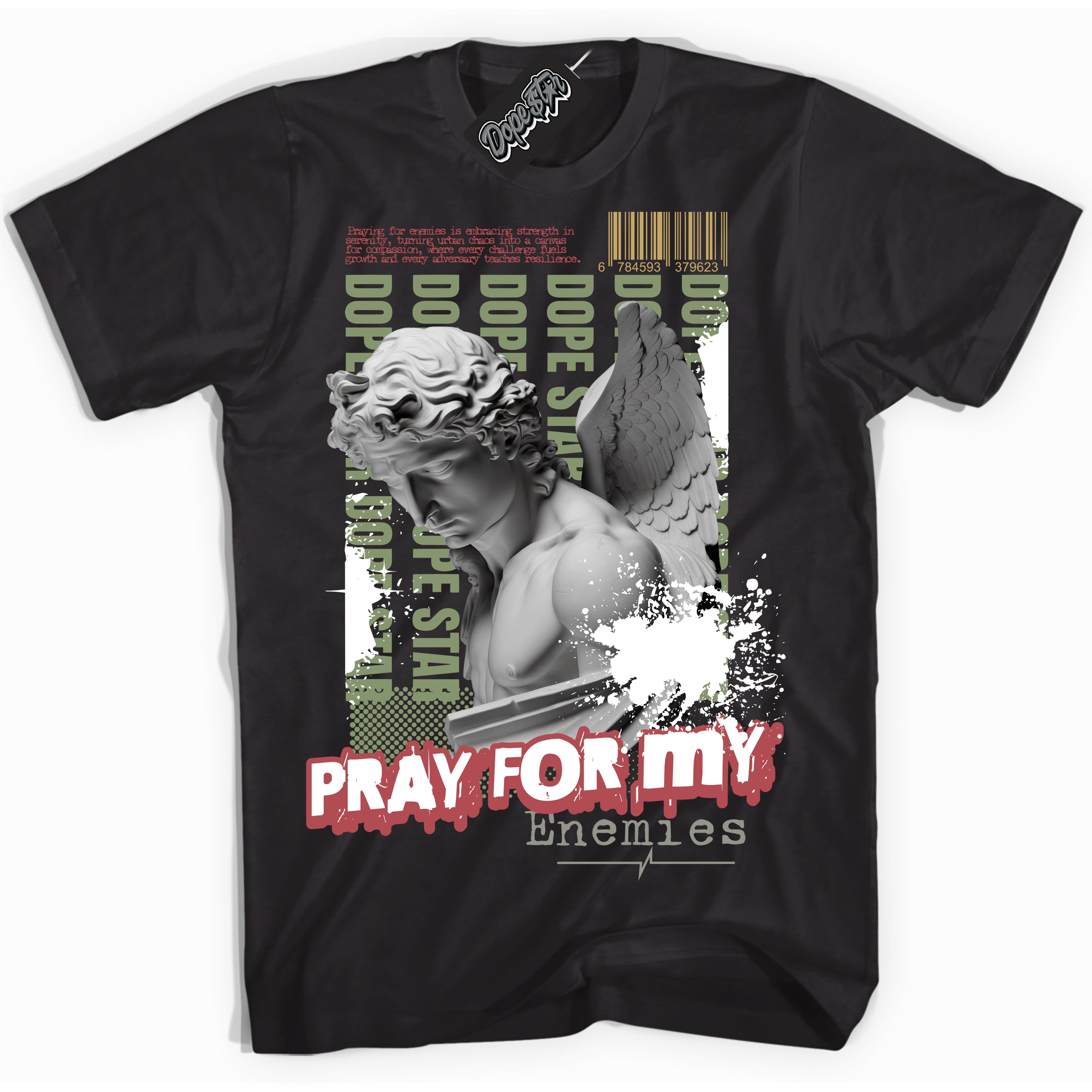 Cool Black Shirt with “ Pray Enemies” design that perfectly matches Year Of The Dragon 1s Sneakers.