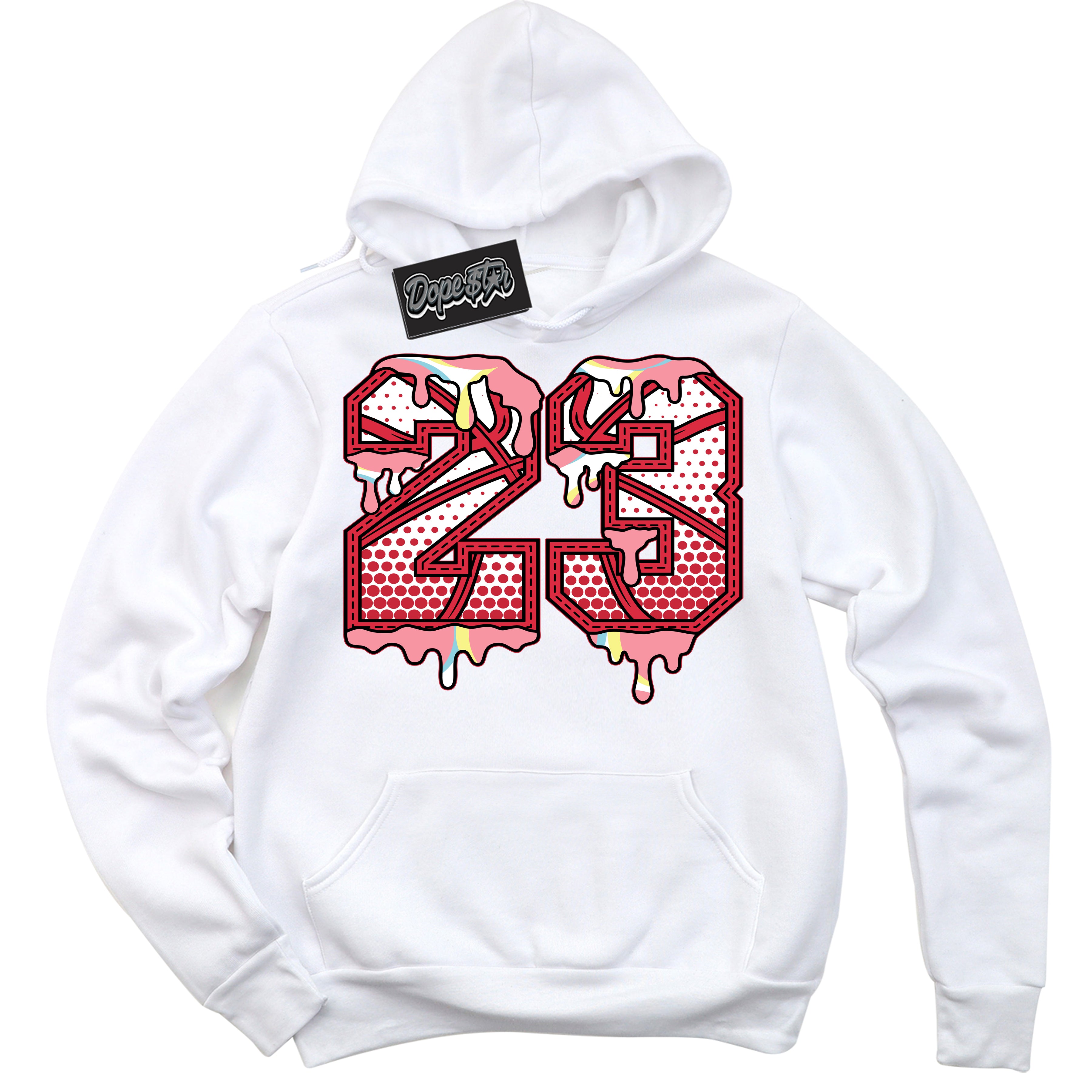 Cool White Graphic DopeStar Hoodie with “ 23 Ball “ print, that perfectly matches Spider-Verse 1s sneakers