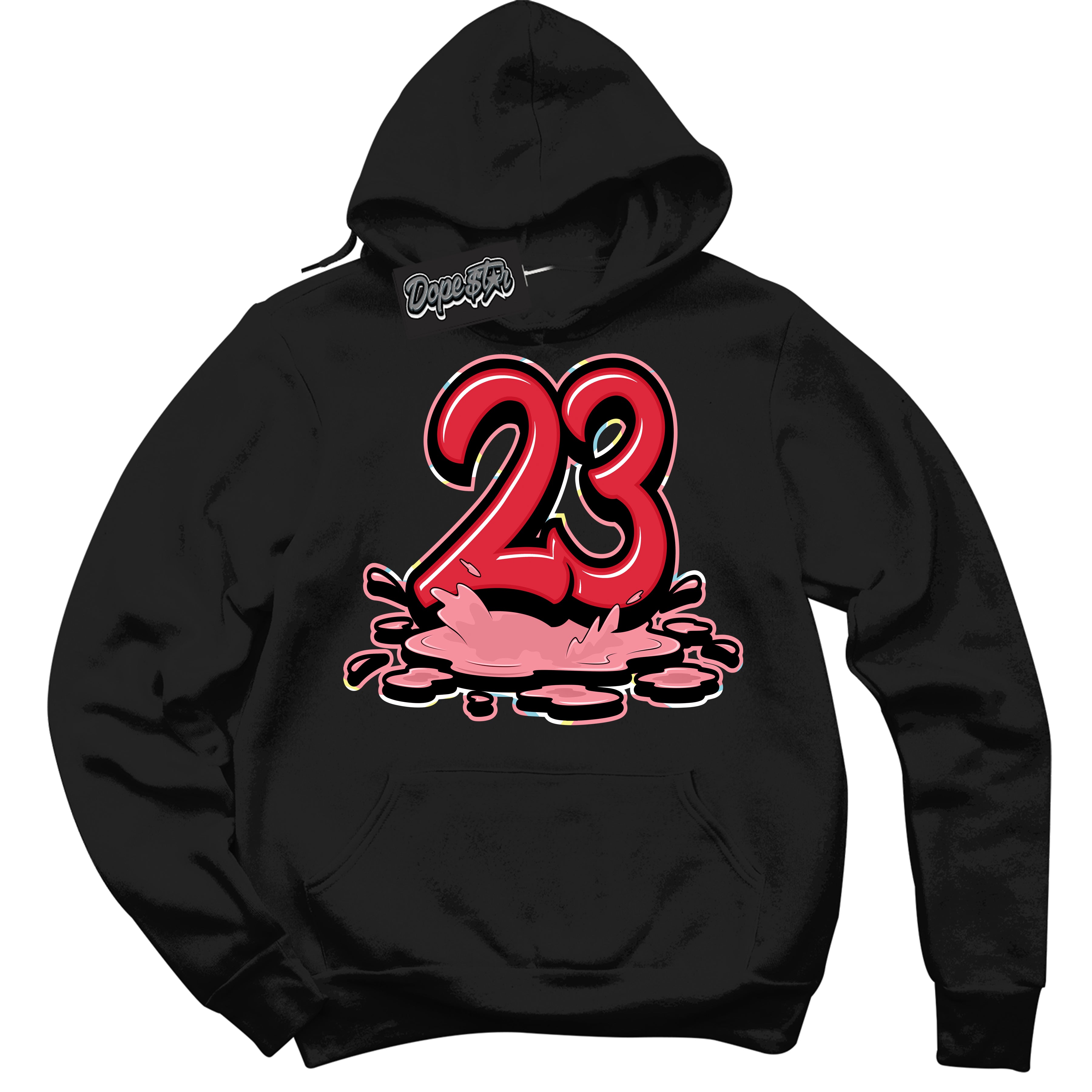 Cool Black Graphic DopeStar Hoodie with “ 23 Melting “ print, that perfectly matches Spider-Verse 1s sneakers