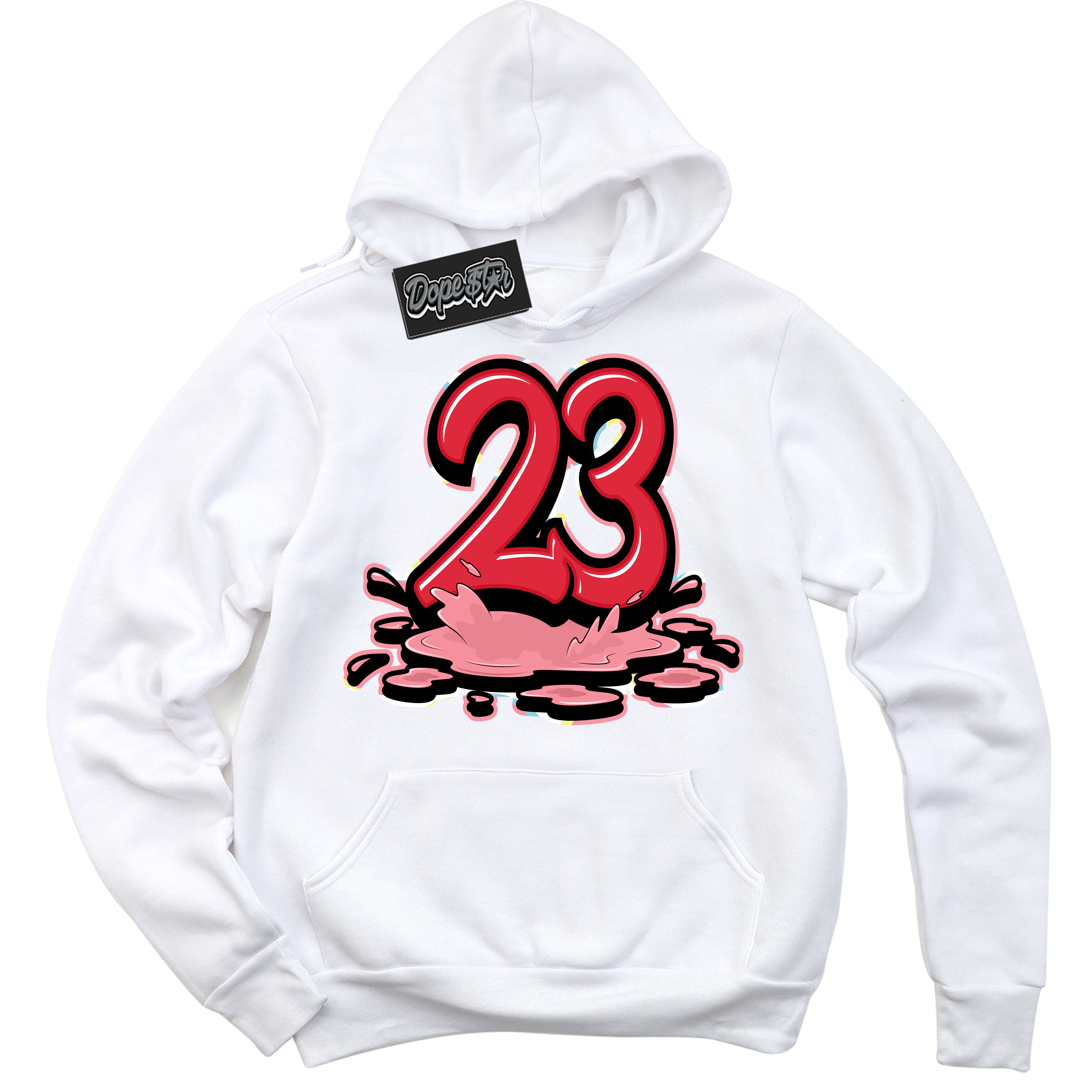 Cool White Graphic DopeStar Hoodie with “ 23 Melting “ print, that perfectly matches Spider-Verse 1s sneakers