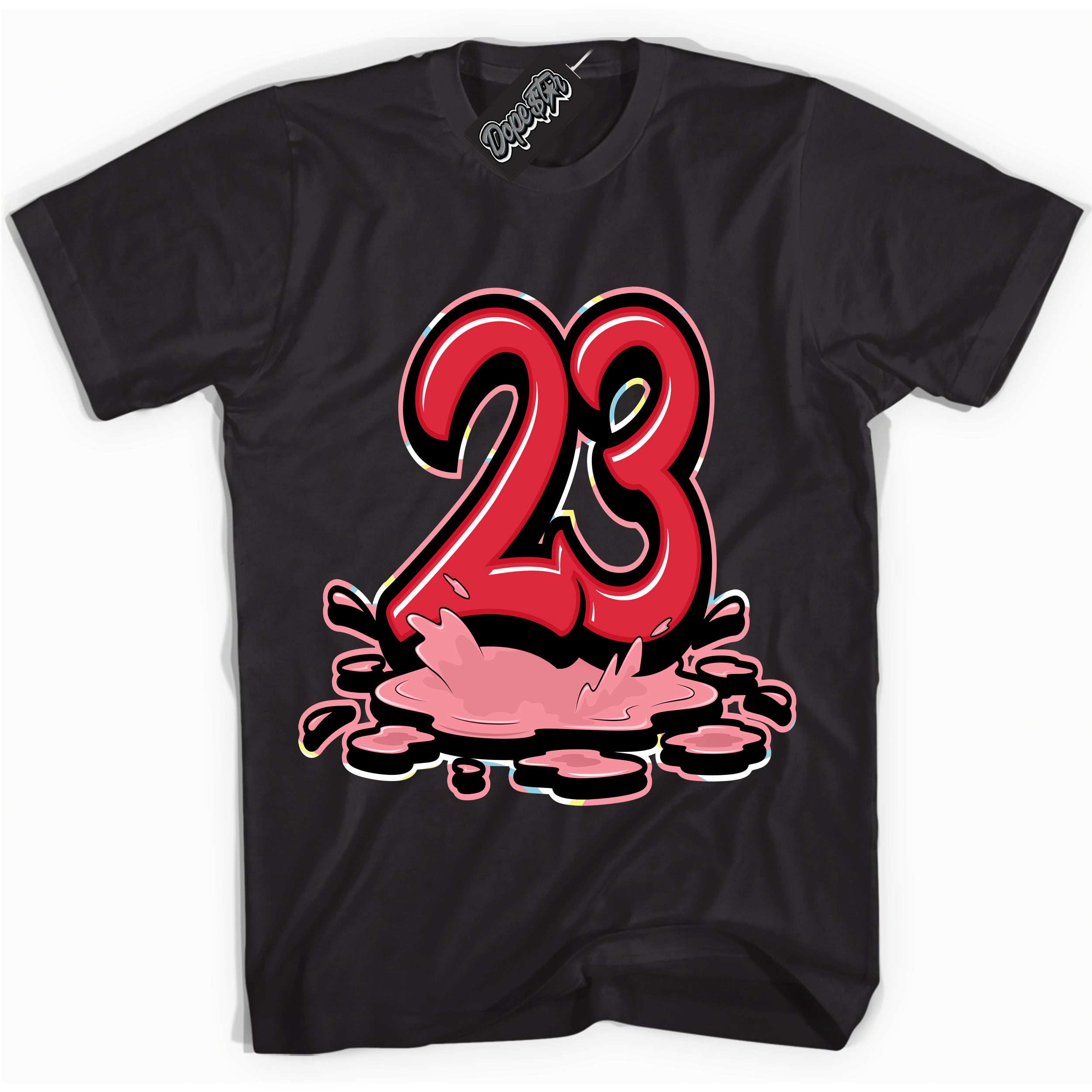 Cool Black graphic tee with “ 23 Melting ” design, that perfectly matches Spider-Verse 1s sneakers 