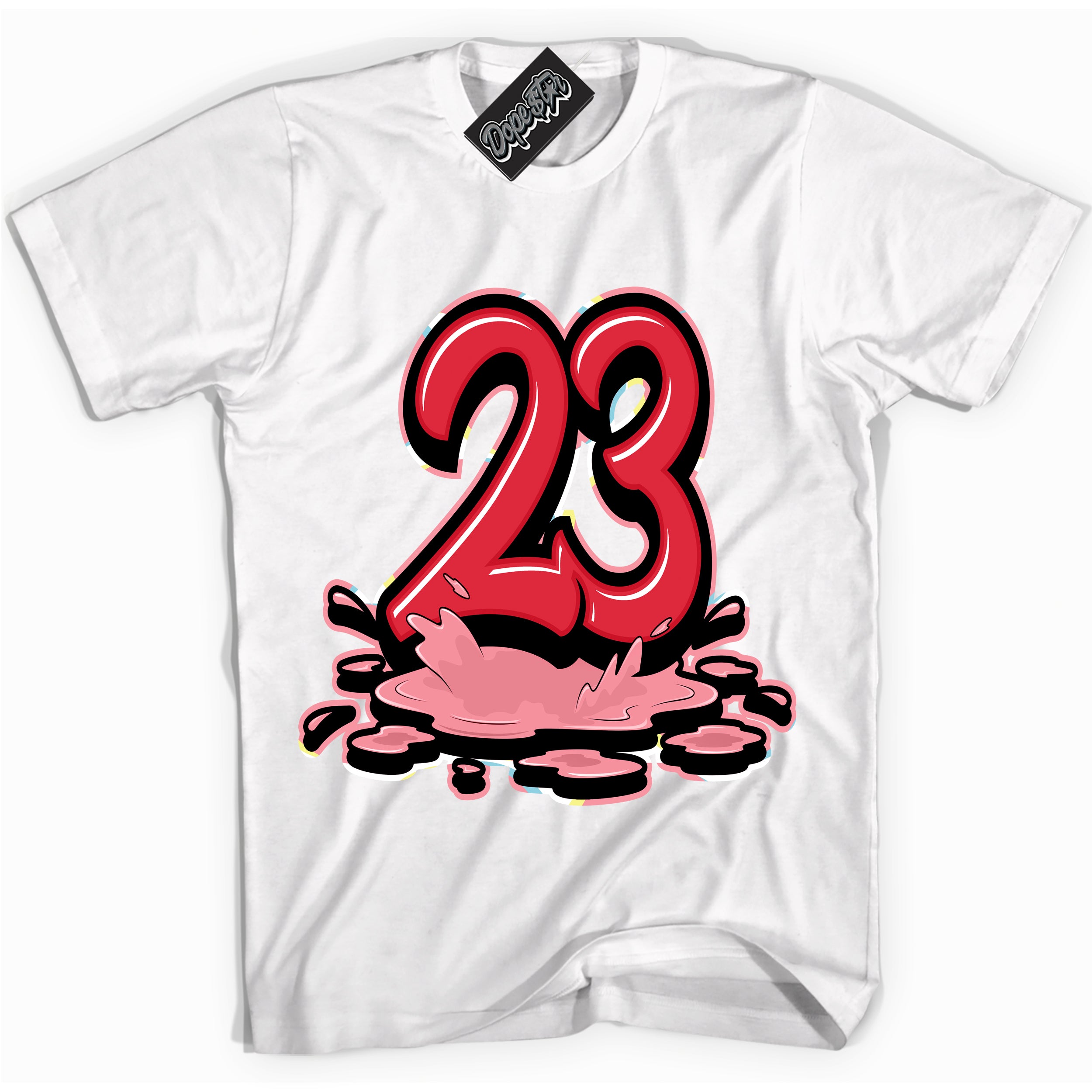 Cool White graphic tee with “ 23 Melting ” design, that perfectly matches Spider-Verse 1s sneakers 