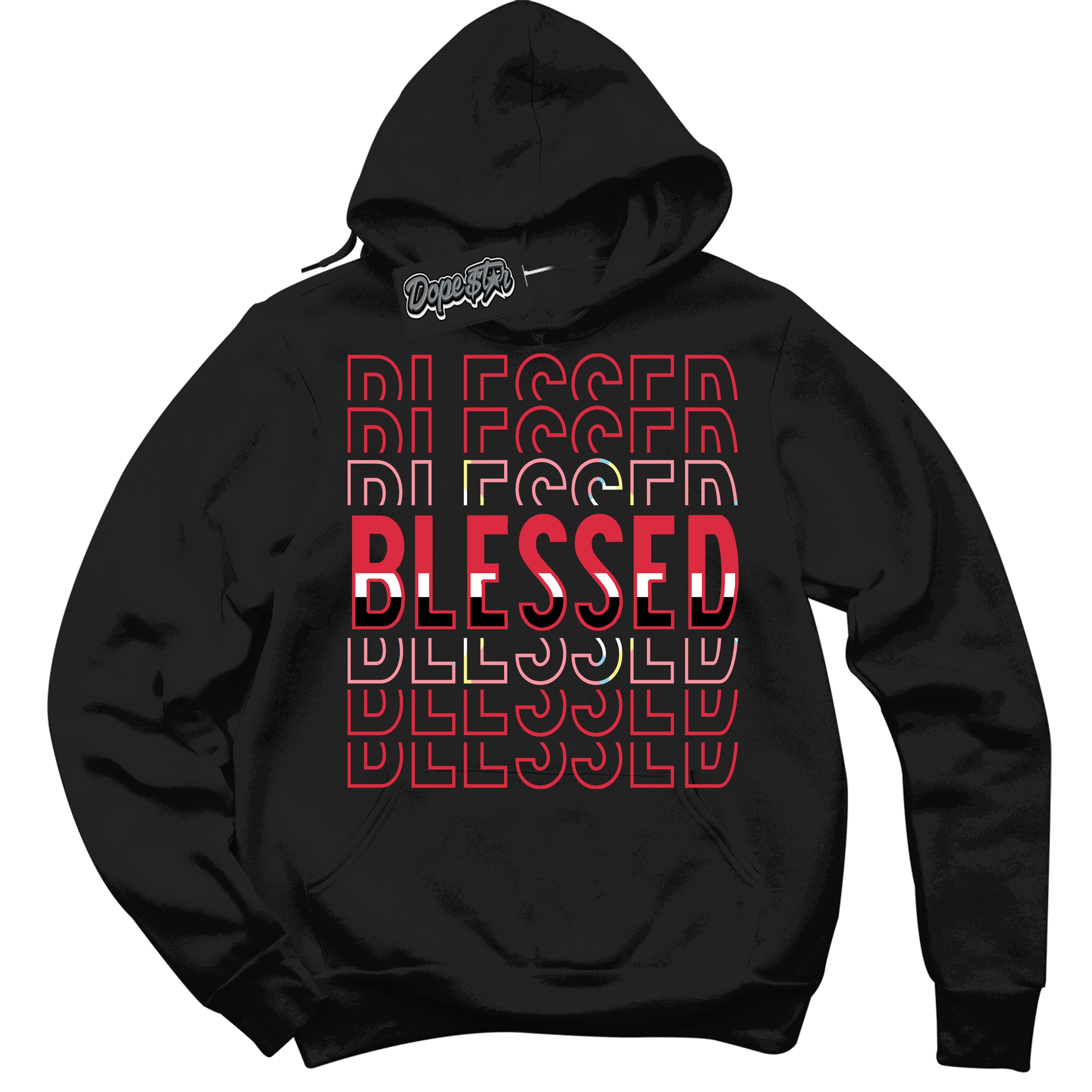 Cool Black Graphic DopeStar Hoodie with “ Blessed Stacked “ print, that perfectly matches Spider-Verse 1s sneakers