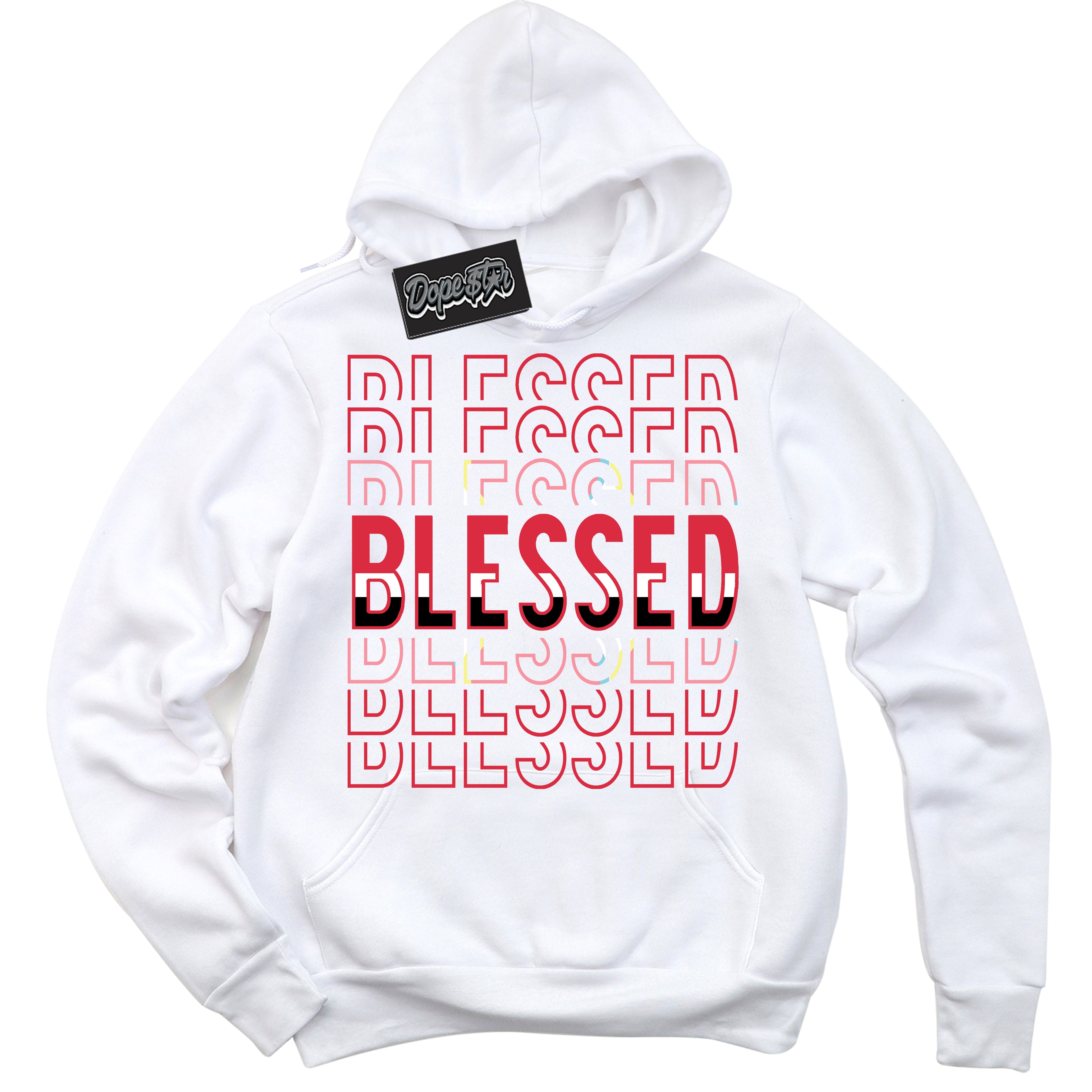Cool White Graphic DopeStar Hoodie with “ Blessed Stacked “ print, that perfectly matches Spider-Verse 1s sneakers
