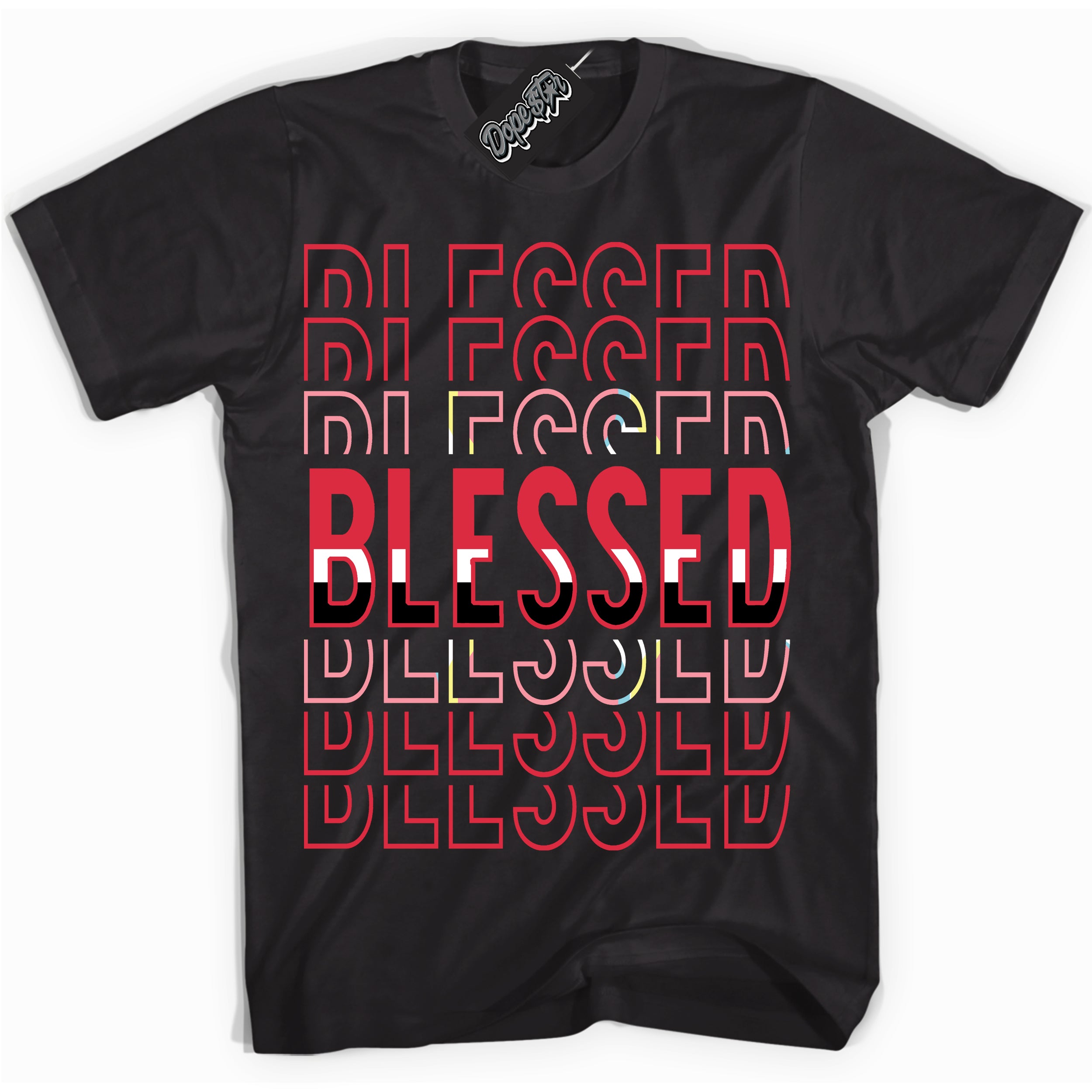 Cool Black graphic tee with “ Blessed Stacked ” design, that perfectly matches Spider-Verse 1s sneakers 