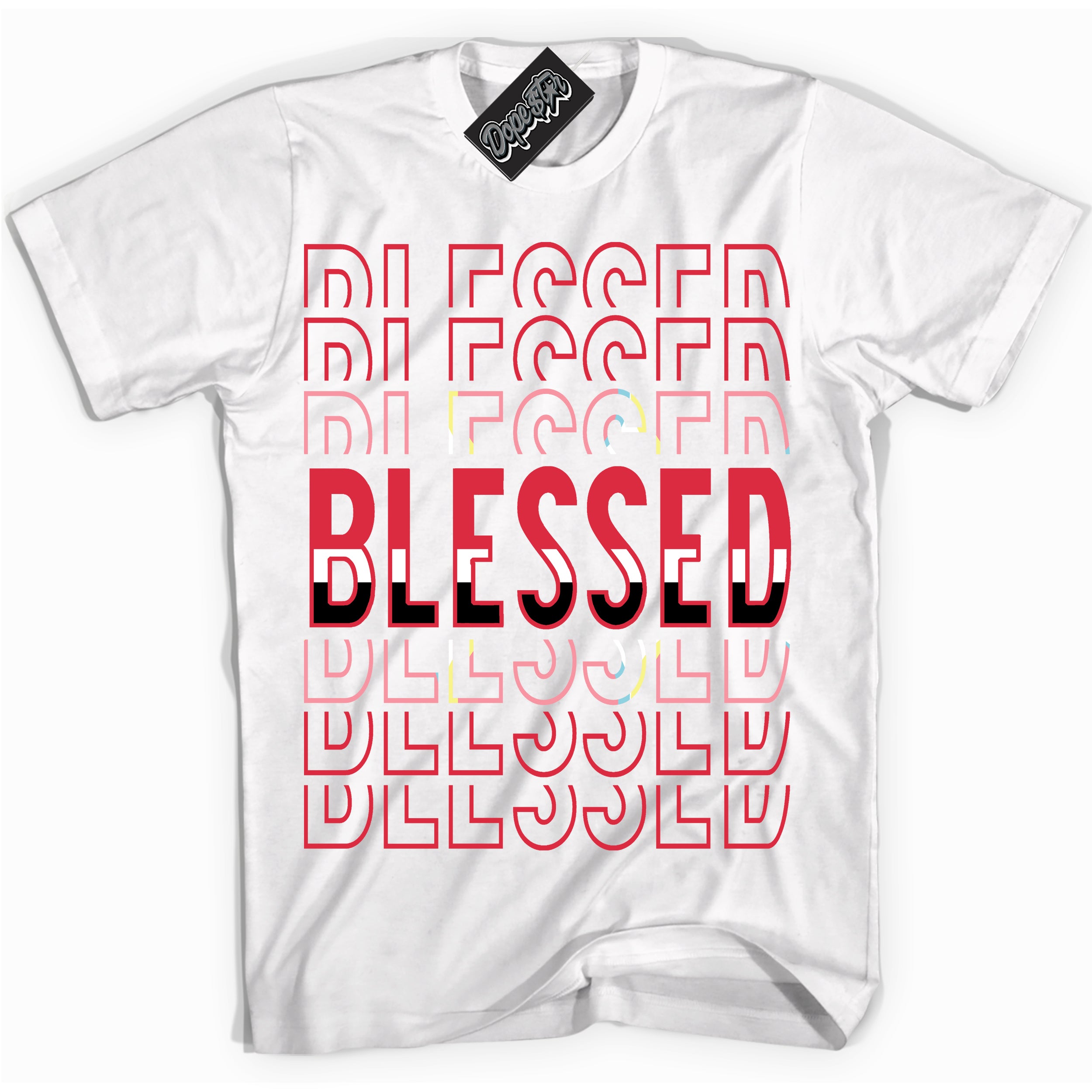 Cool White graphic tee with “ Blessed Stacked ” design, that perfectly matches Spider-Verse 1s sneakers 