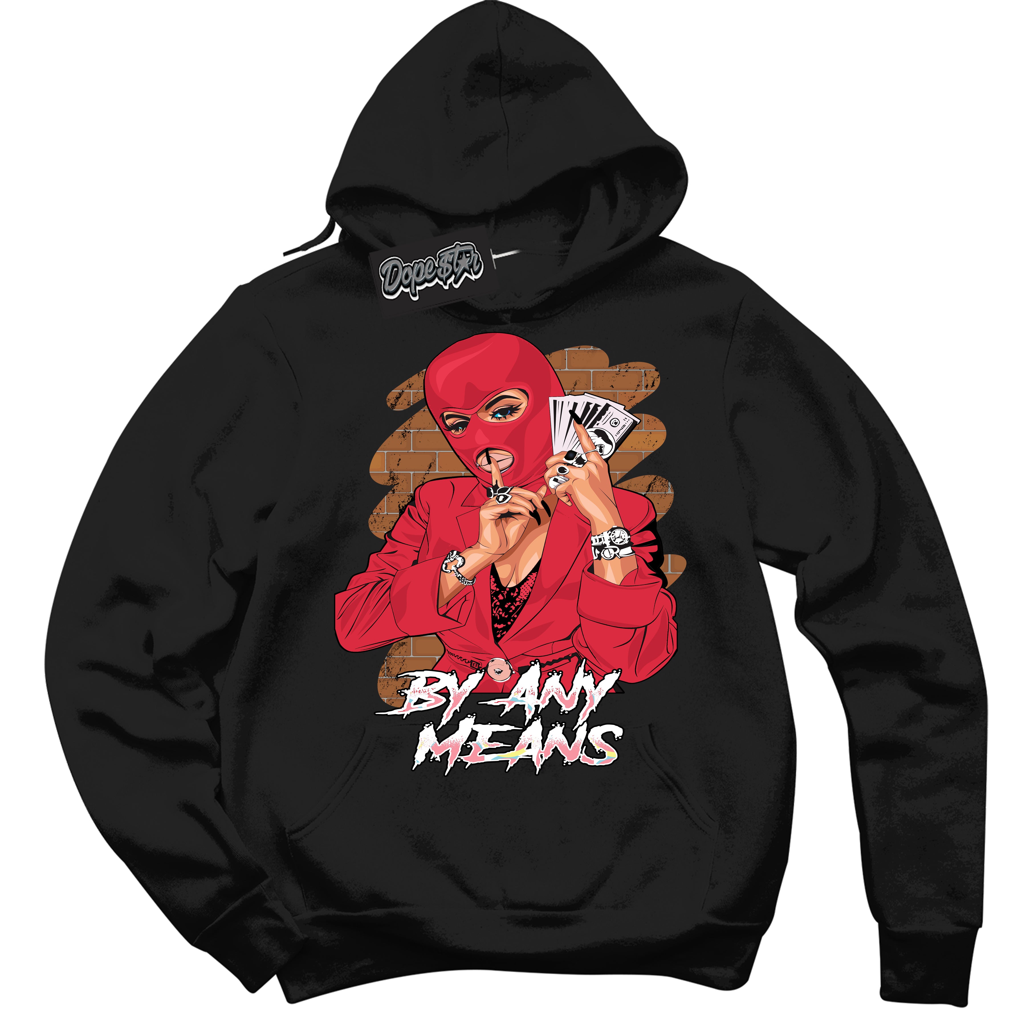 Cool Black Graphic DopeStar Hoodie with “ By Any Means “ print, that perfectly matches Spider-Verse 1s sneakers