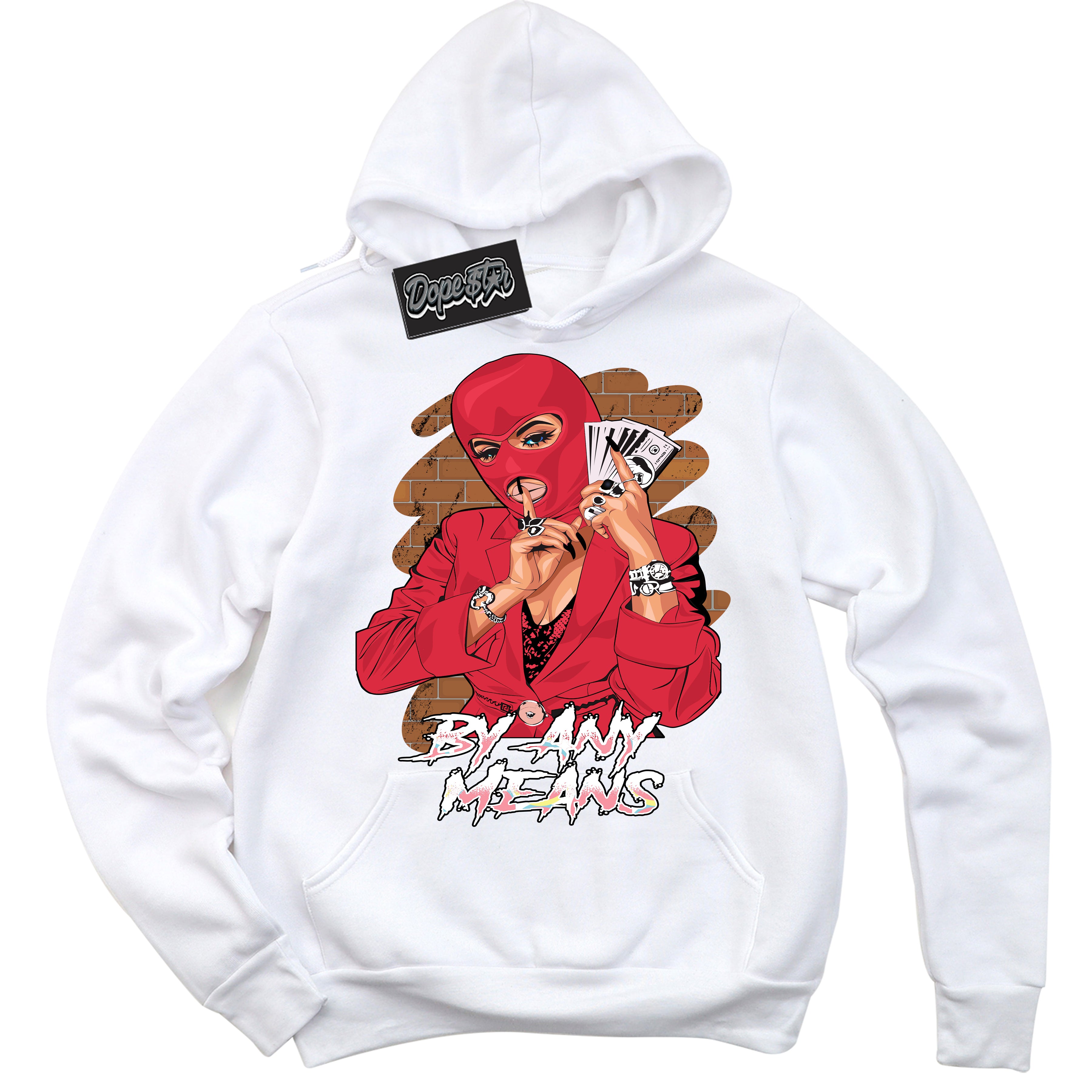 Cool White Graphic DopeStar Hoodie with “ By Any Means “ print, that perfectly matches Spider-Verse 1s sneakers
