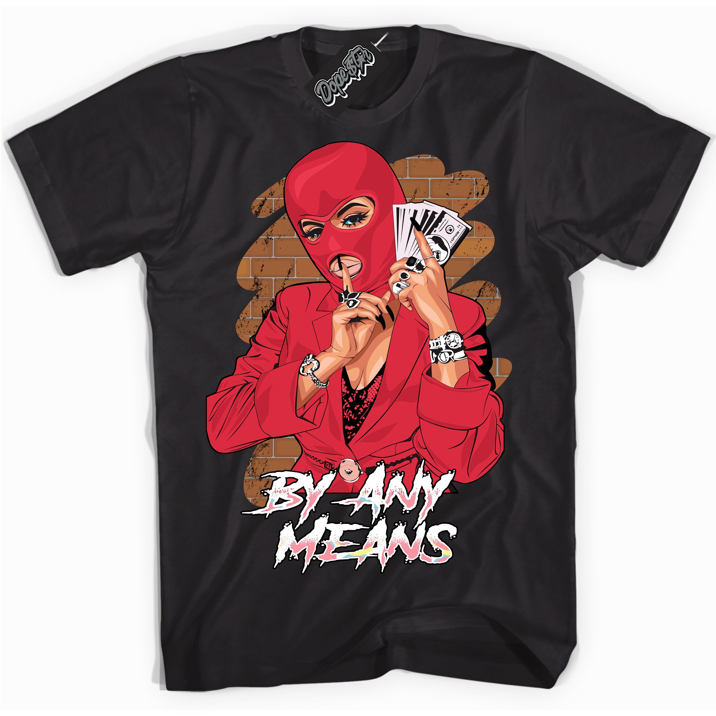 Cool Black graphic tee with “ By Any Means ” design, that perfectly matches Spider-Verse 1s sneakers 