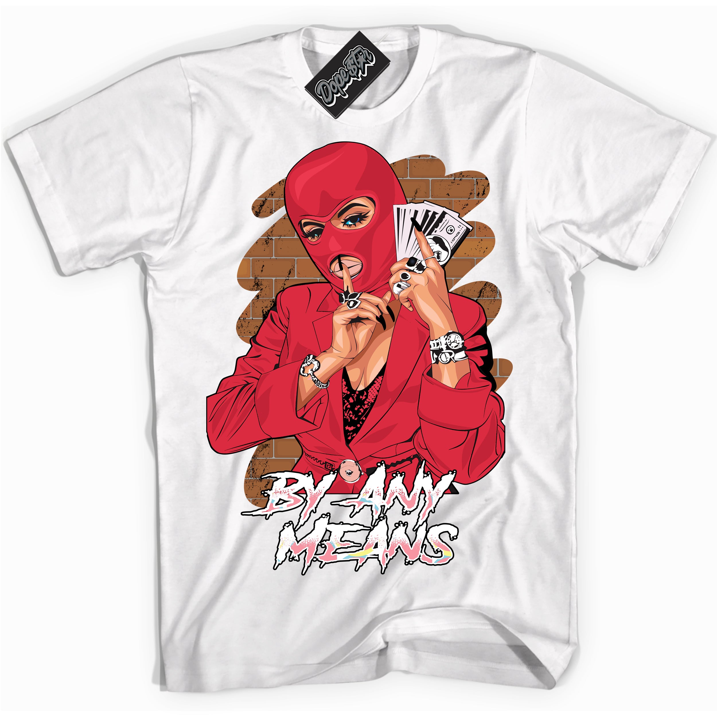 Cool White graphic tee with “ By Any Means ” design, that perfectly matches Spider-Verse 1s sneakers 