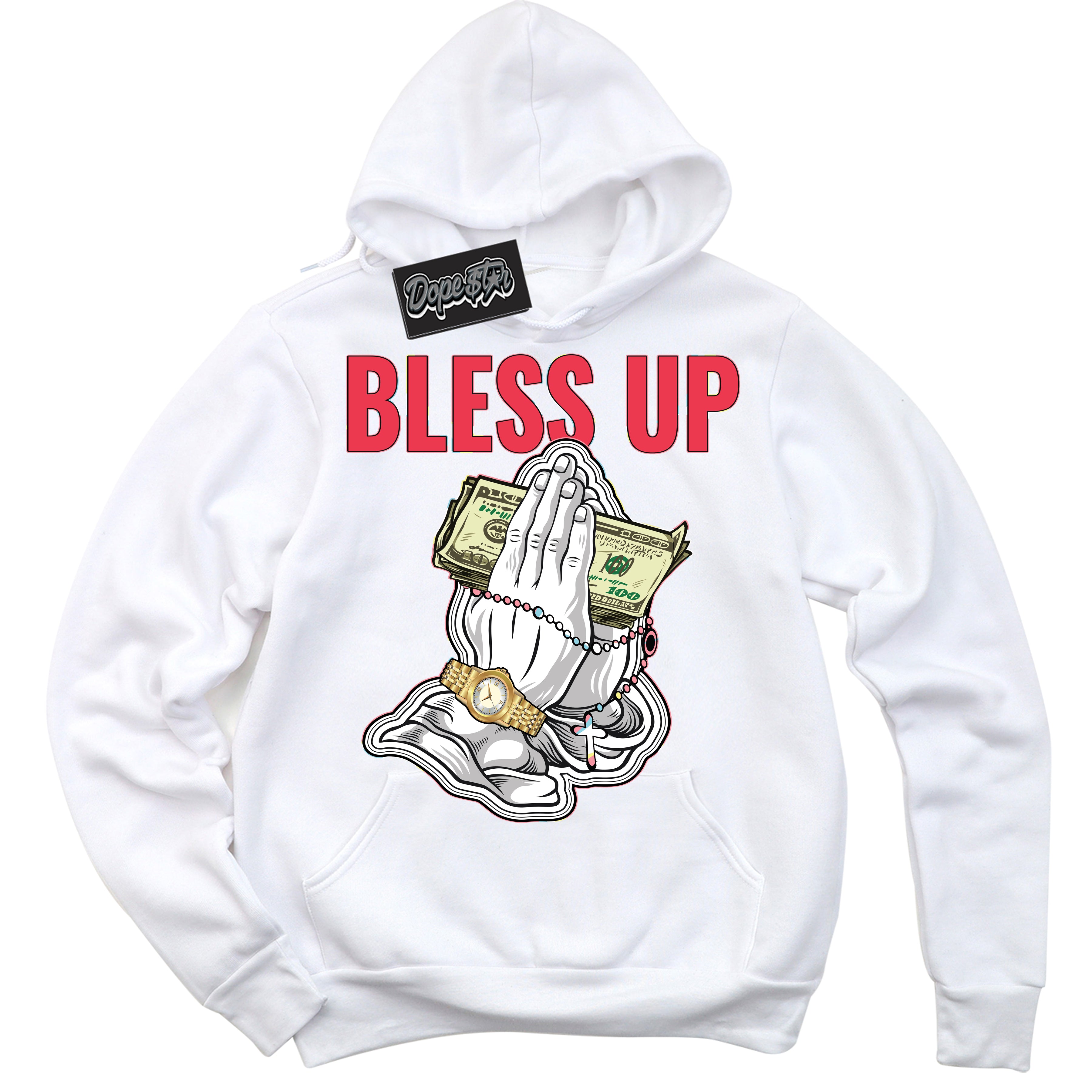 Cool White Graphic DopeStar Hoodie with “ Bless Up “ print, that perfectly matches Spider-Verse 1s sneakers