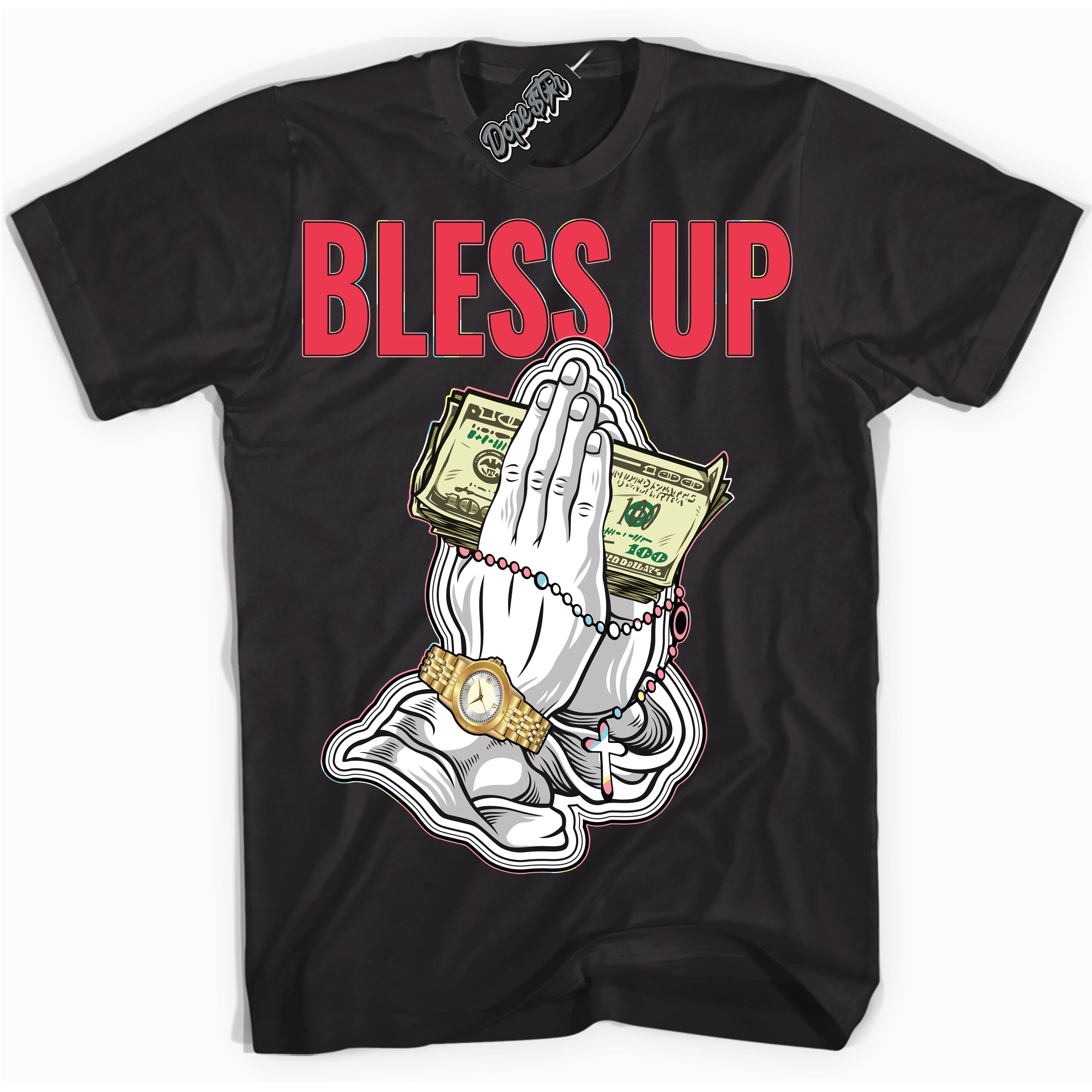 Cool Black graphic tee with “ Bless Up ” design, that perfectly matches Spider-Verse 1s sneakers 