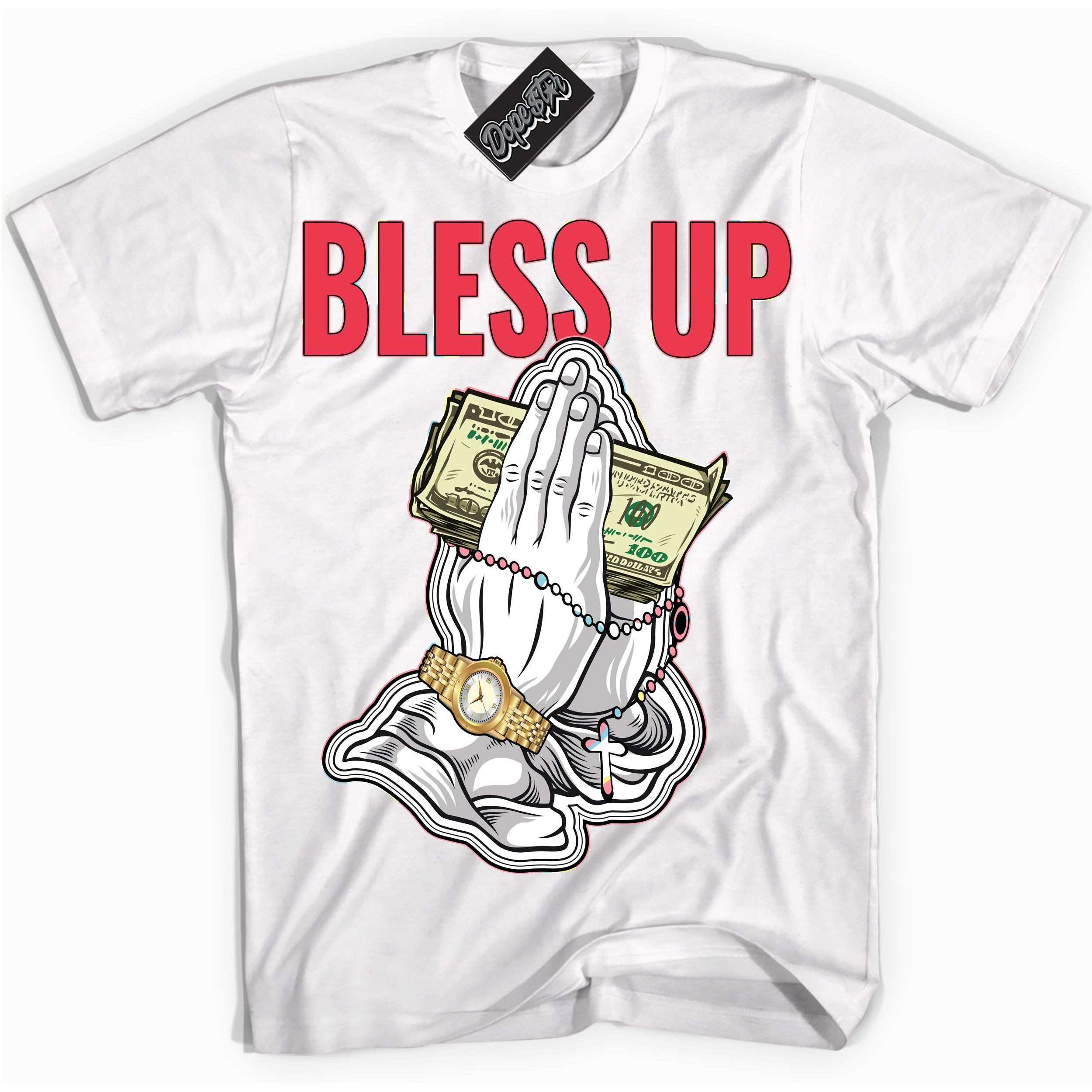 Cool White graphic tee with “ Bless Up ” design, that perfectly matches Spider-Verse 1s sneakers 