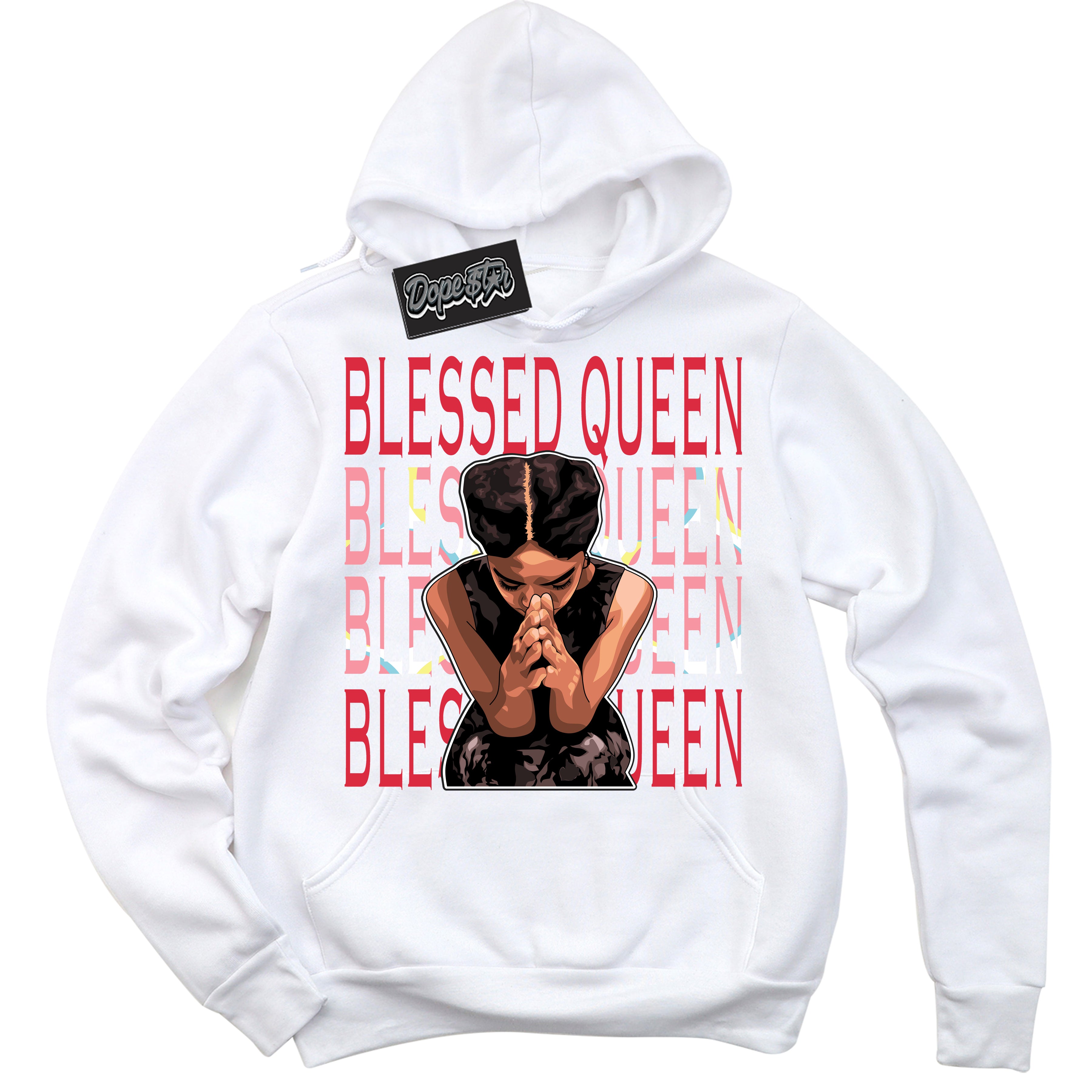 Cool White Graphic DopeStar Hoodie with “ Blessed Queen “ print, that perfectly matches Spider-Verse 1s sneakers