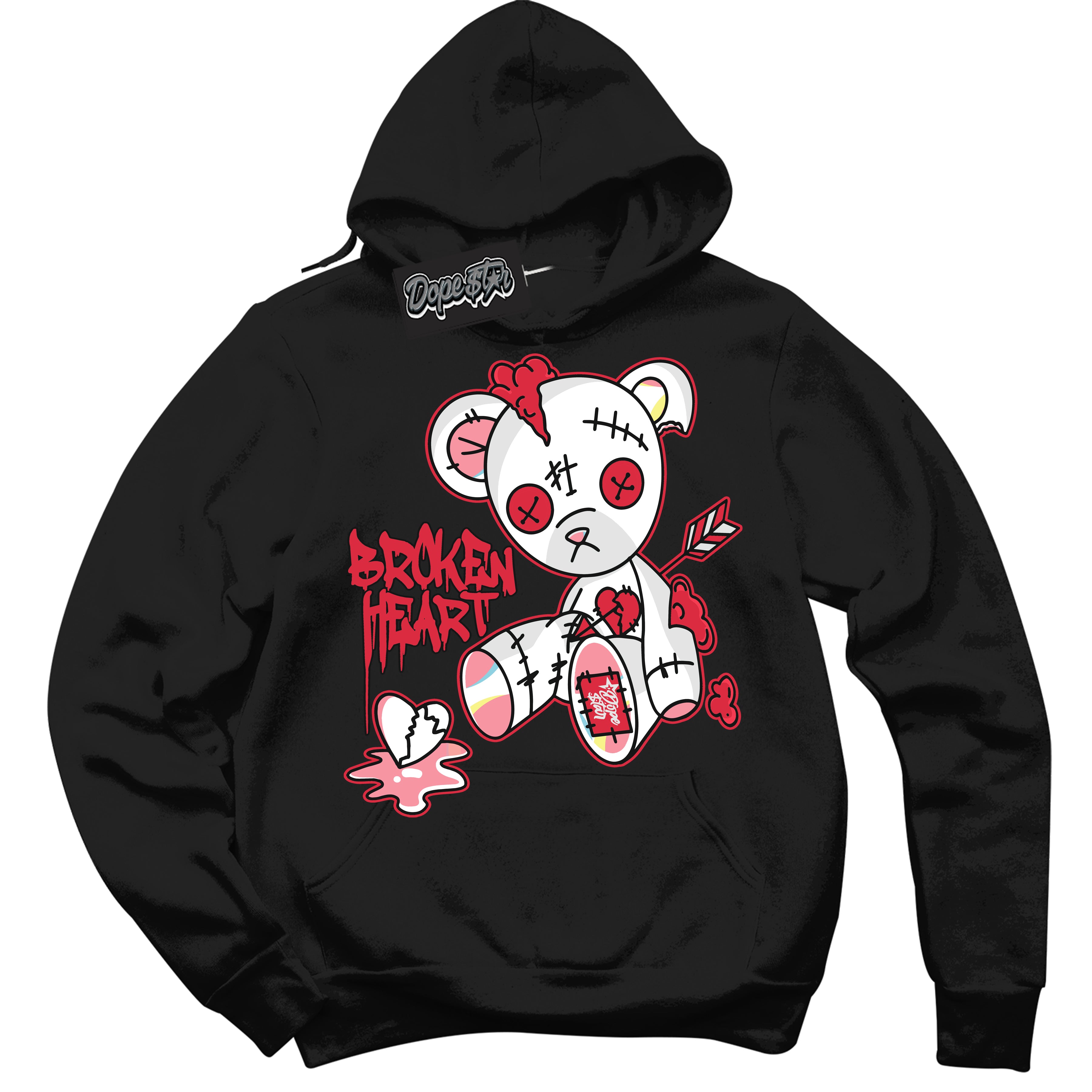 Cool Black Graphic DopeStar Hoodie with “ Broken Heart Bear “ print, that perfectly matches Spider-Verse 1s sneakers