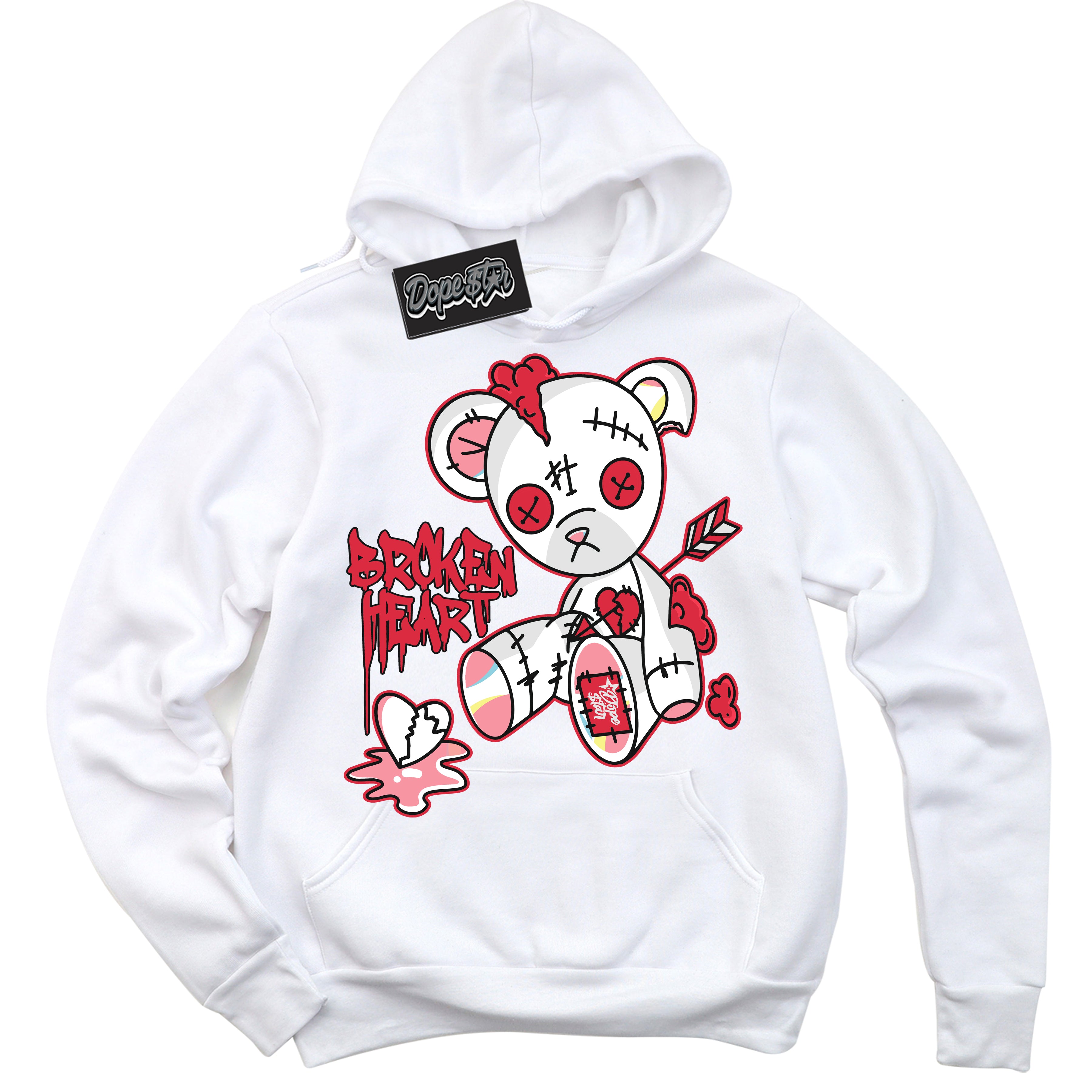 Cool White Graphic DopeStar Hoodie with “ Broken Heart Bear “ print, that perfectly matches Spider-Verse 1s sneakers