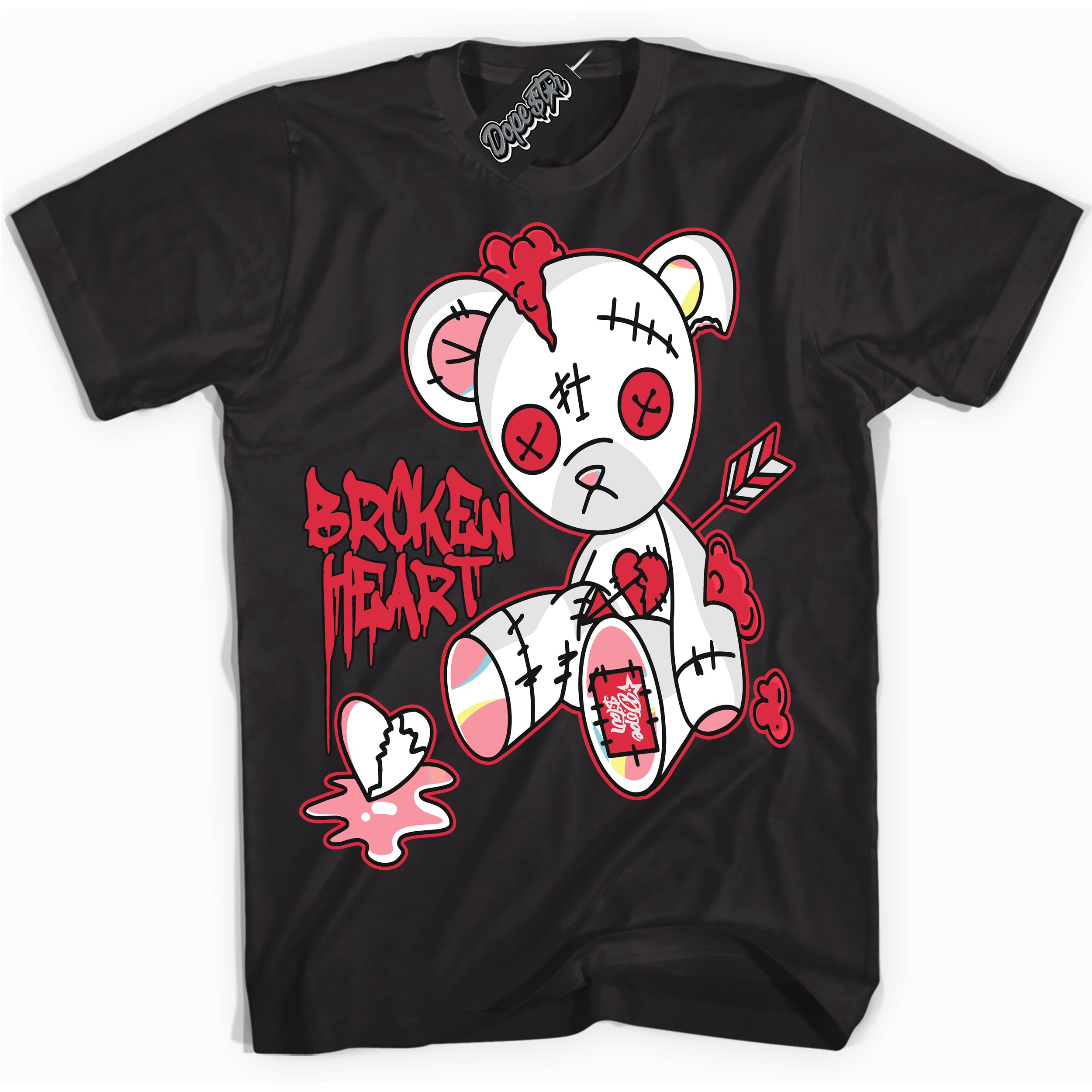 Cool Black graphic tee with “ Broken Heart Bear ” design, that perfectly matches Spider-Verse 1s sneakers 