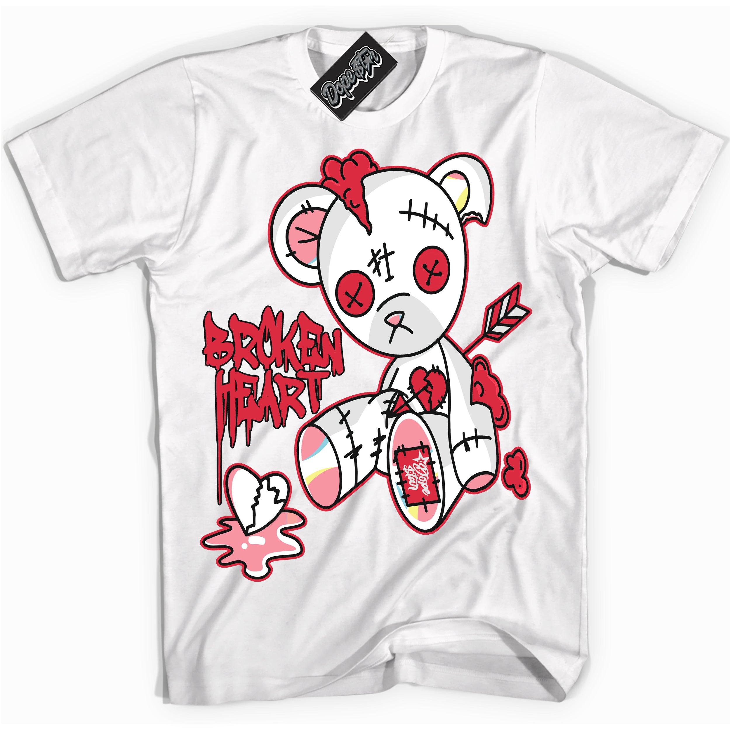 Cool White graphic tee with “ Broken Heart Bear ” design, that perfectly matches Spider-Verse 1s sneakers 