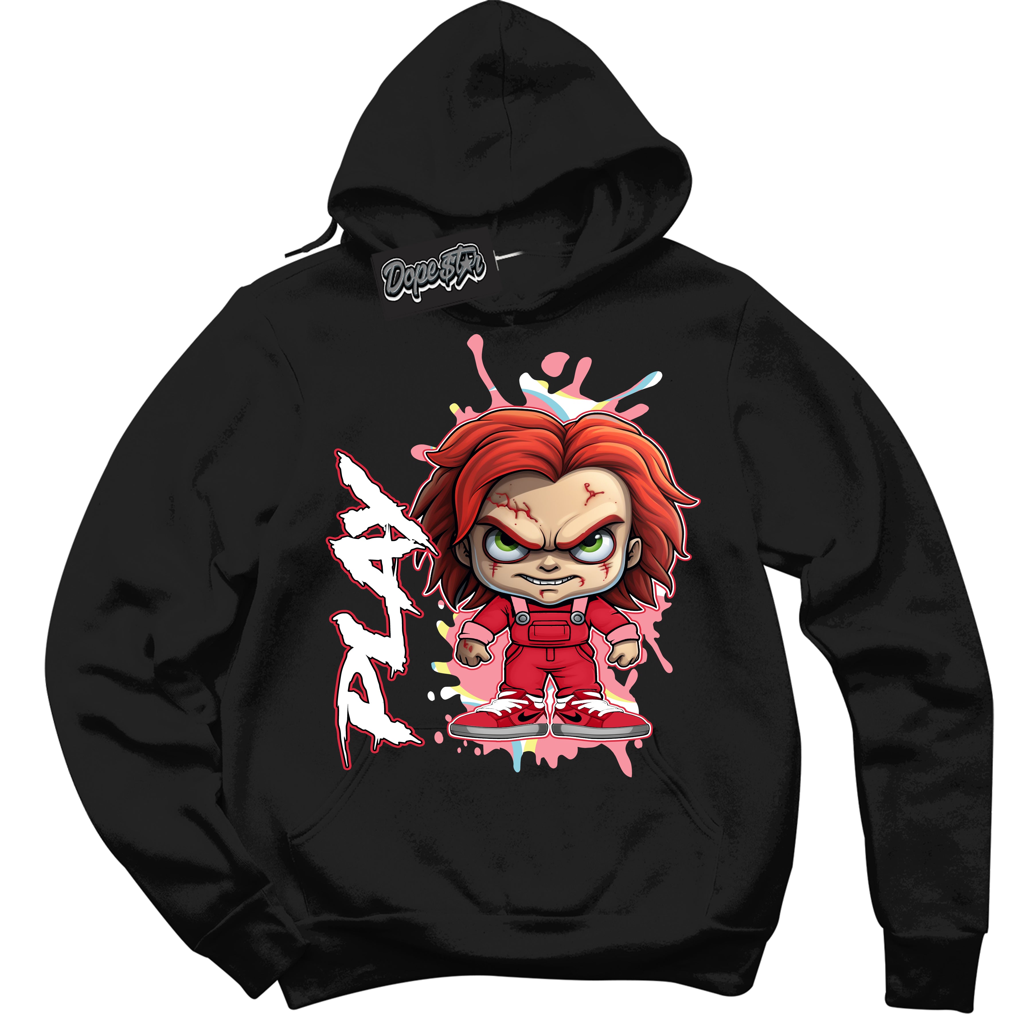 Cool Black Graphic DopeStar Hoodie with “ Chucky Play “ print, that perfectly matches Spider-Verse 1s sneakers