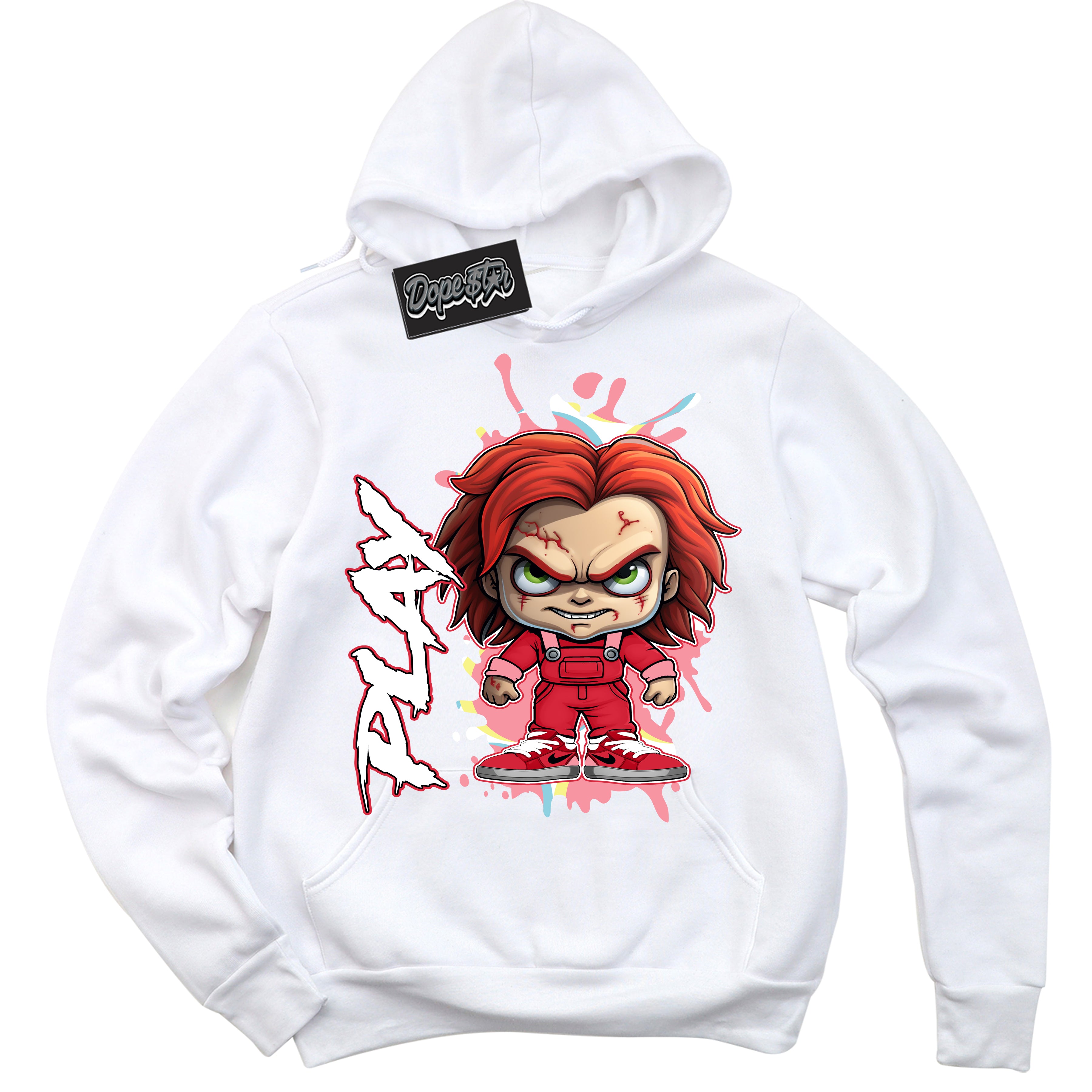 Cool White Graphic DopeStar Hoodie with “ Chucky Play “ print, that perfectly matches Spider-Verse 1s sneakers