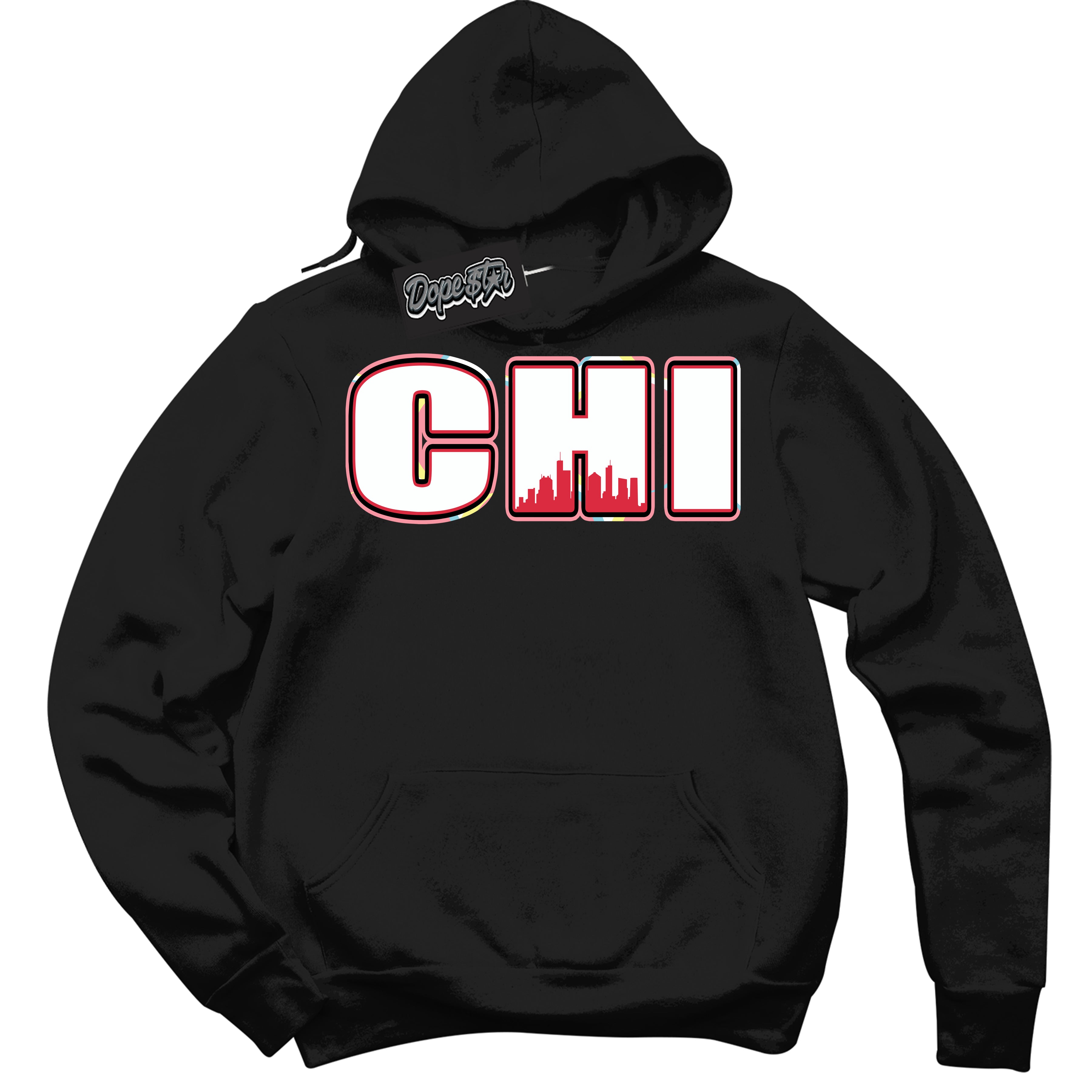 Cool Black Graphic DopeStar Hoodie with “ Chicago “ print, that perfectly matches Spider-Verse 1s sneakers