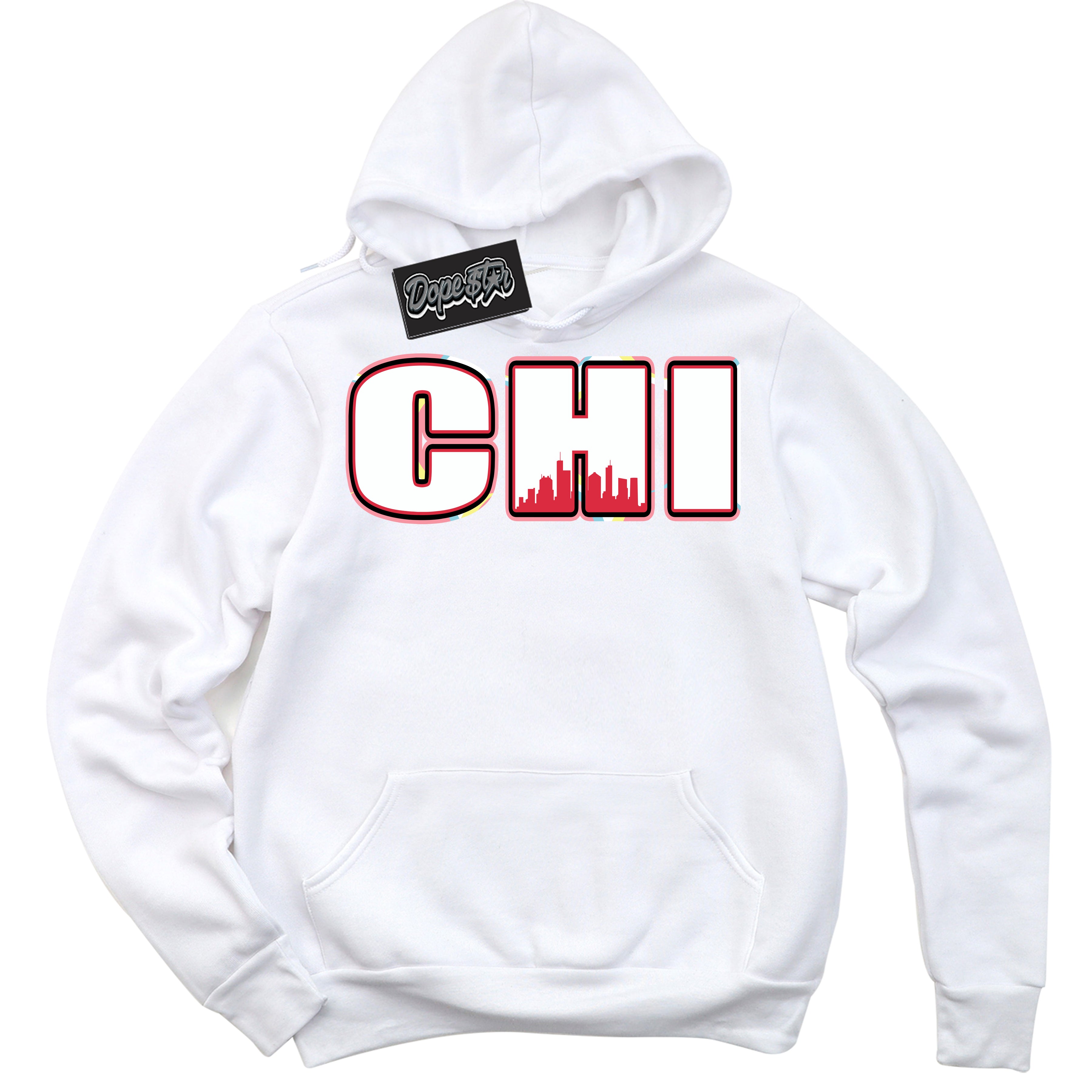 Cool White Graphic DopeStar Hoodie with “ Chicago “ print, that perfectly matches Spider-Verse 1s sneakers